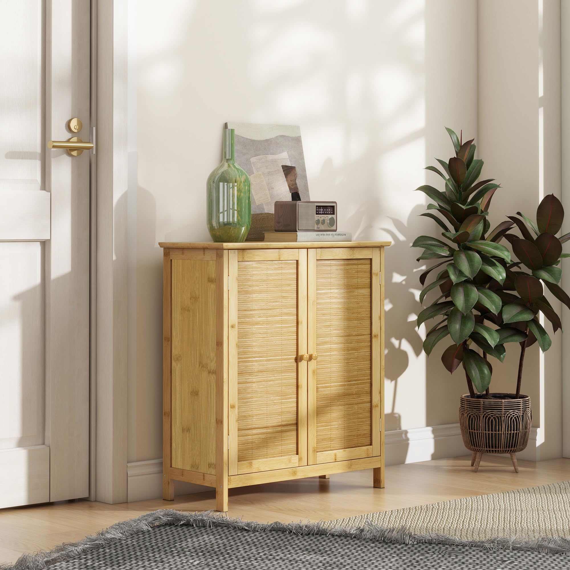 HOMCOM Aparador de Bambú de 2 Puertas con 2 Estantes 60x27x67,5 cm Natural | Aparador de Salón Bohemio, Entrada, Cocina, Dormitorio