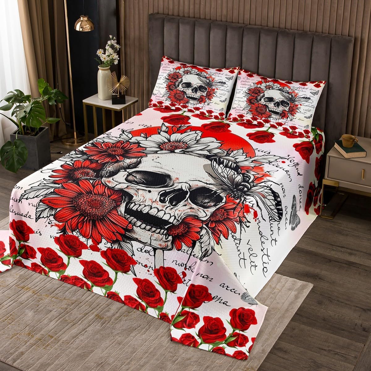 Castle Fairy Cow Skull Bedding Set Queen Size 3 Pcs,Watercolor Gradient Animal Feather Bedspread for Kids Teens Adults,Vintage Flowers Southwestern Tribal Style Coverlet Set with 2 Pillowcases