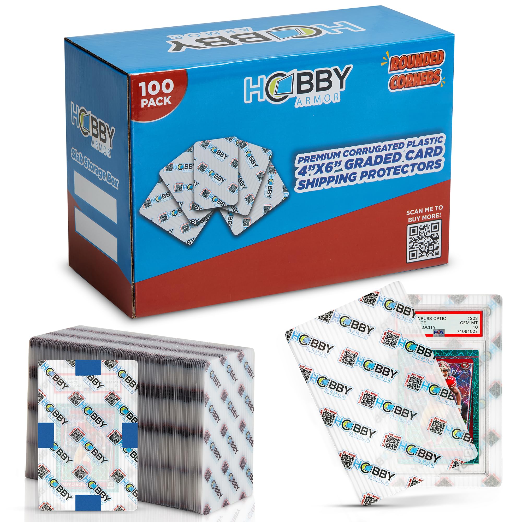 100 Pack Plastic Graded Trading Card Shipping Protector by Hobby Armor, 4" x 6" with Rounded Corners, Translucent Vibrant Multi-Color Plastic Card