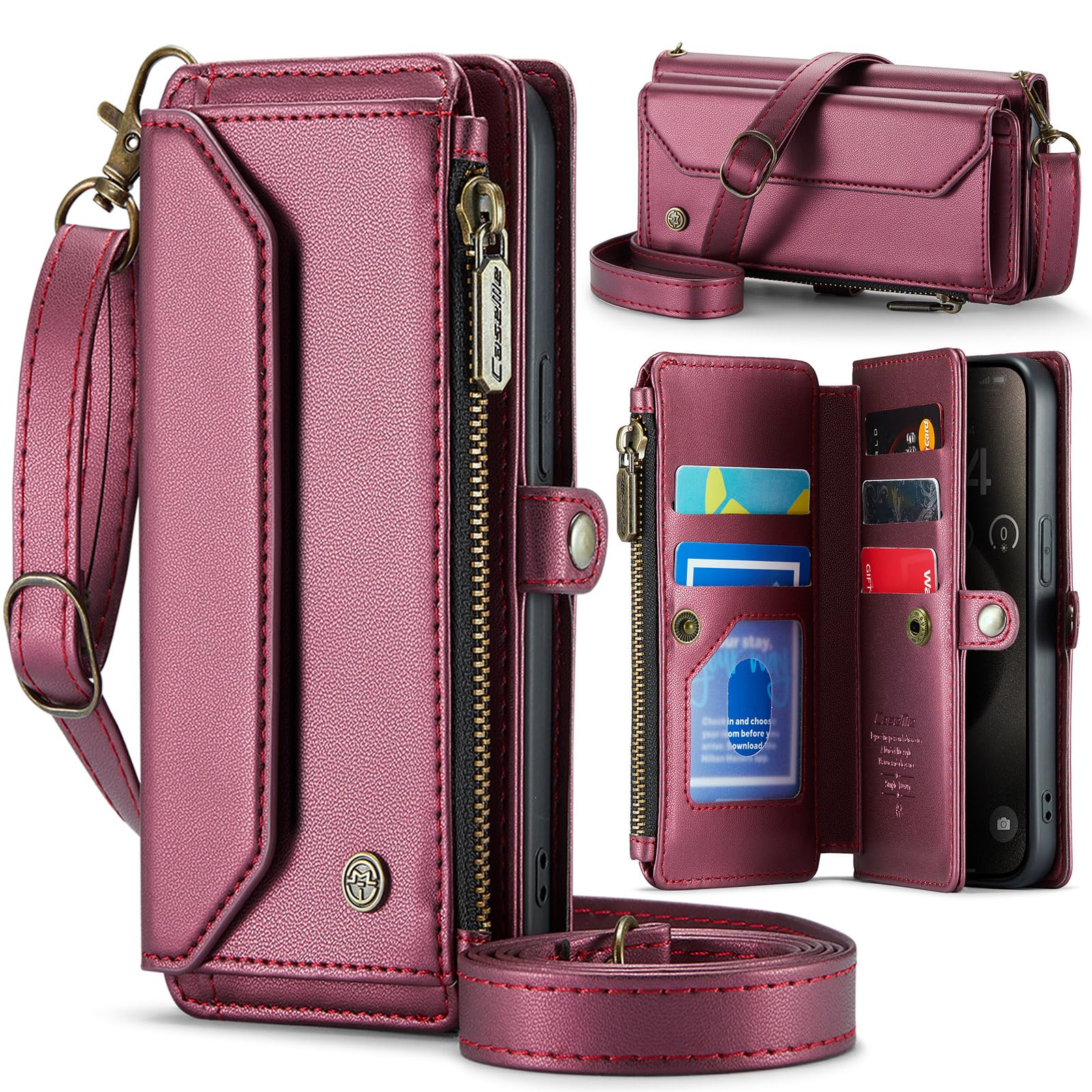 Unichthy For iPhone 16 Pro Max Case for Women with Crossbody Strap + Wrist Strap Shockproof Premium Leather Flip Wallet Handbag Zip Purse 5 Card Slots Clutch Bag for iPhone 16 Pro Max Claret