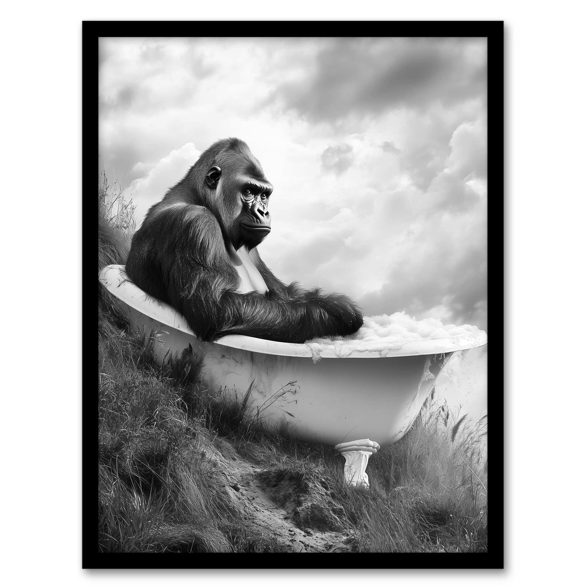 Artery8 Gorilla Bubble Bath Bathtub Black White Surreal Bathroom Toilet Artwork Framed Wall Art Print A4
