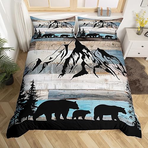 Manfei Juego de funda de edredón de oso rústico, tamaño King, funda de edredón de tablones de madera vintage con 2 fundas de almohada, juego de ropa