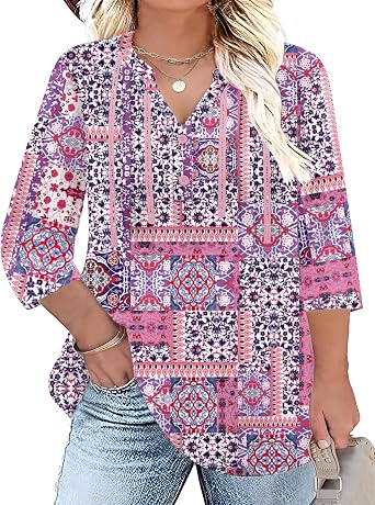 Ivicoer 3/4 Sleeve Tops for Women Plus Size V Neck Tunic Shirt Loose Work Peasant Dressy Casual Flowy Blouses Fashion 2025