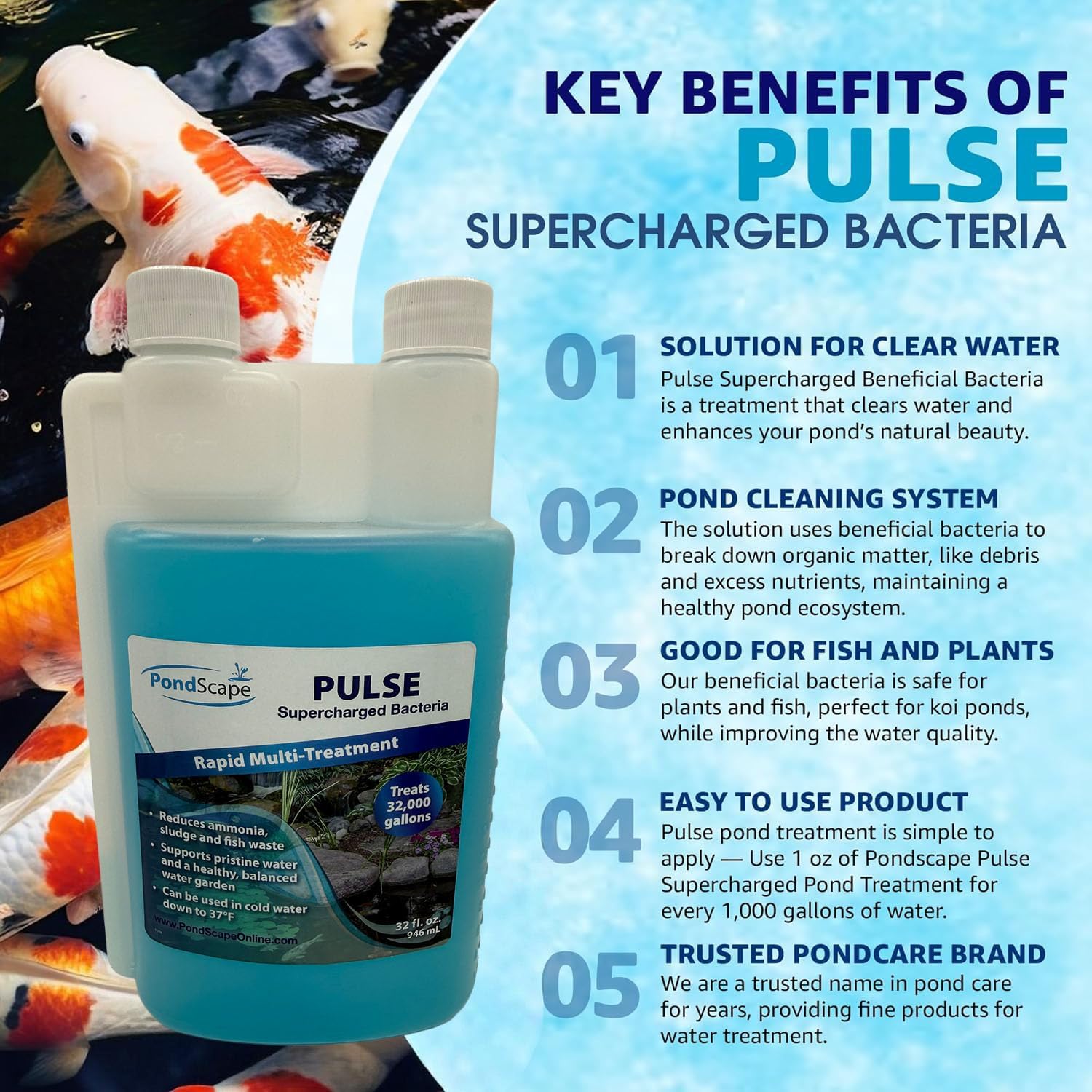 PondScape Pulse Supercharged Liquid Formula - Enhances Water Quality, Reduces Excess Nutrients, and Clears Pond Debri – Ideal for Koi Ponds & Water Gardens – 32 Fl. Oz