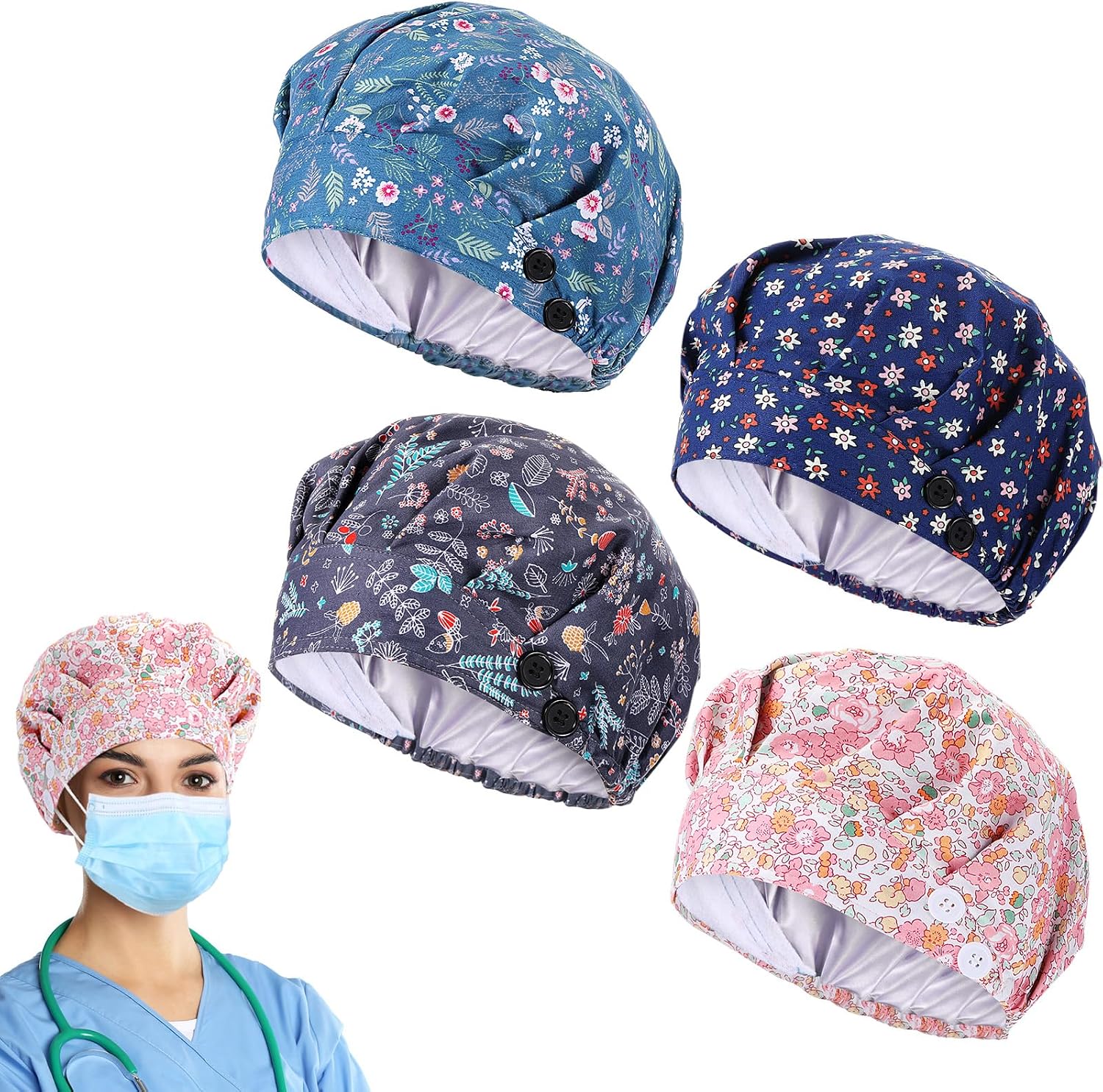Zhengmy 4 Pcs Bouffant Scrub Cap with Buttons Sweatband Adjustable Satin Lined Nurse Working Caps for Christmas Women Gifts