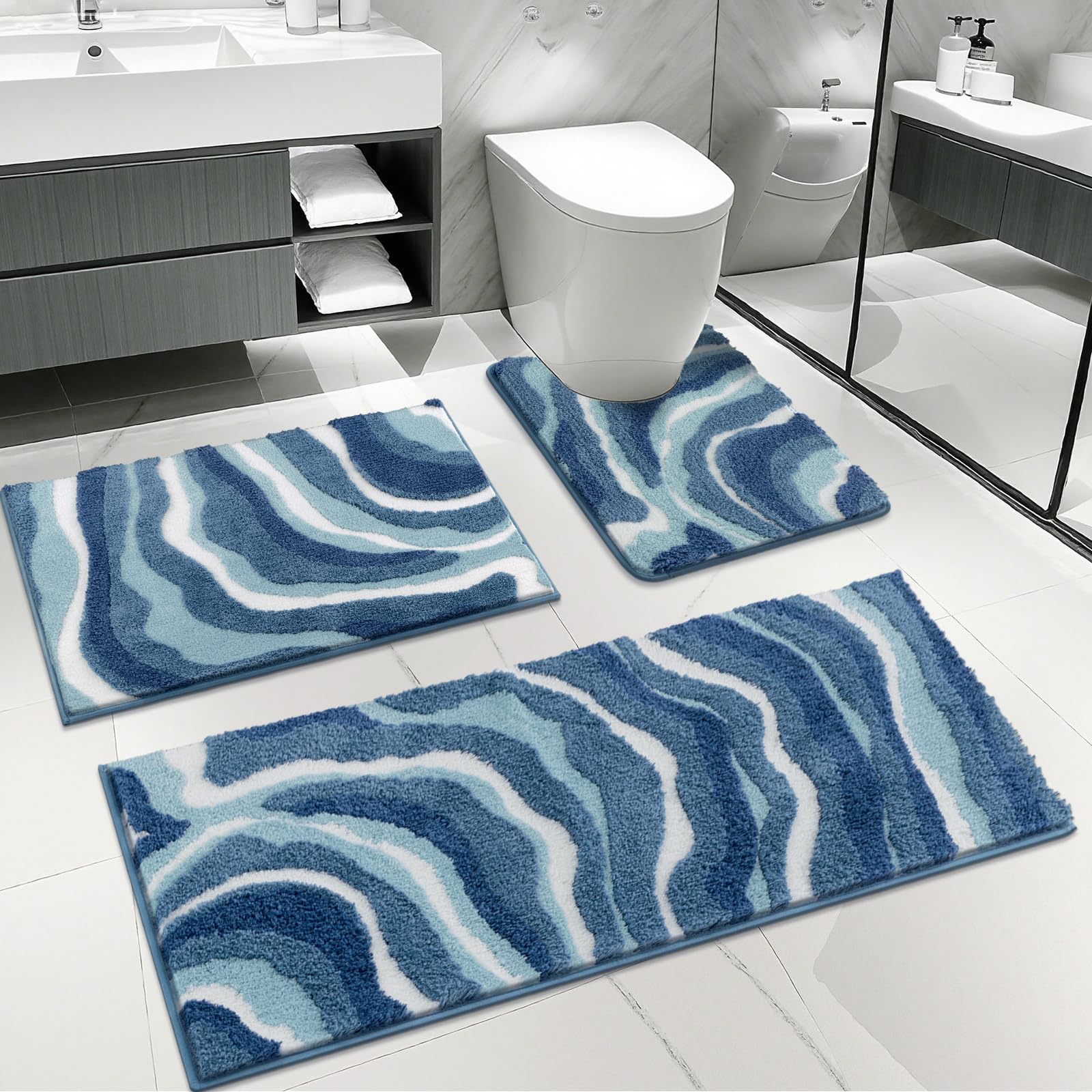 Enyhom Tappeti Bagno Antiscivolo 3 Pezzi, Tappeto Bagno Blu in Microfibra Morbido e Assorbente, Tappetino da Bagno Lavabile in Lavatrice, con Tappetino WC Contorno Soffice per Soggiorno, Bagno