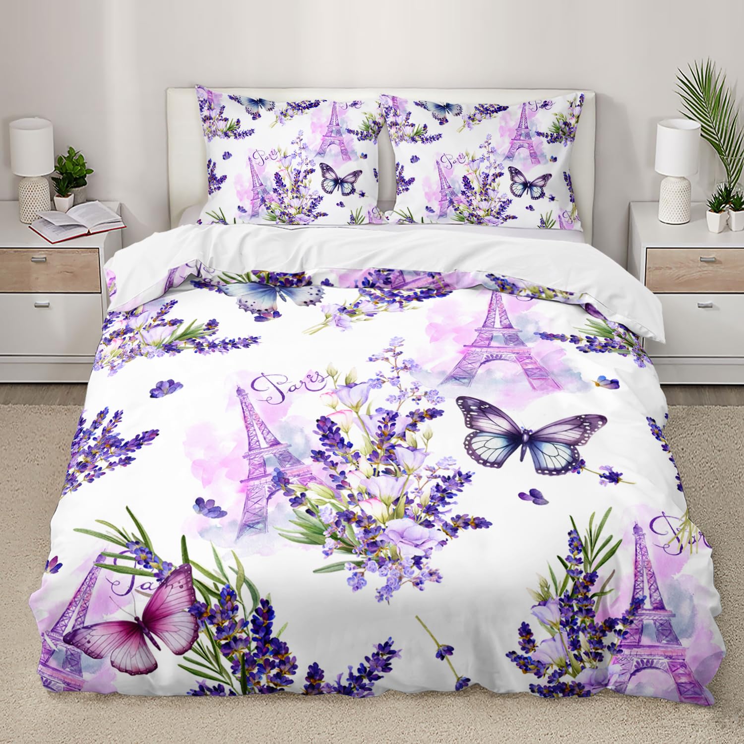 AILONEN Purple Butterfly Duvet Cover Set Twin Size, Lavender Floral Comforter Cover Set,Eiffel Tower Butterflies Bedding Set for Girls Women, 3 Pieces, 1 Quilt Cover and 2 Pillowcases