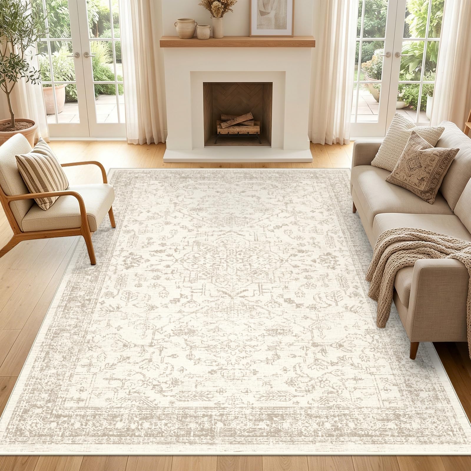 Tapis Vintage Beige 120x180cm Lavable antidérapant Poil Court pour Salon, Chambre, Bureau, Cuisine