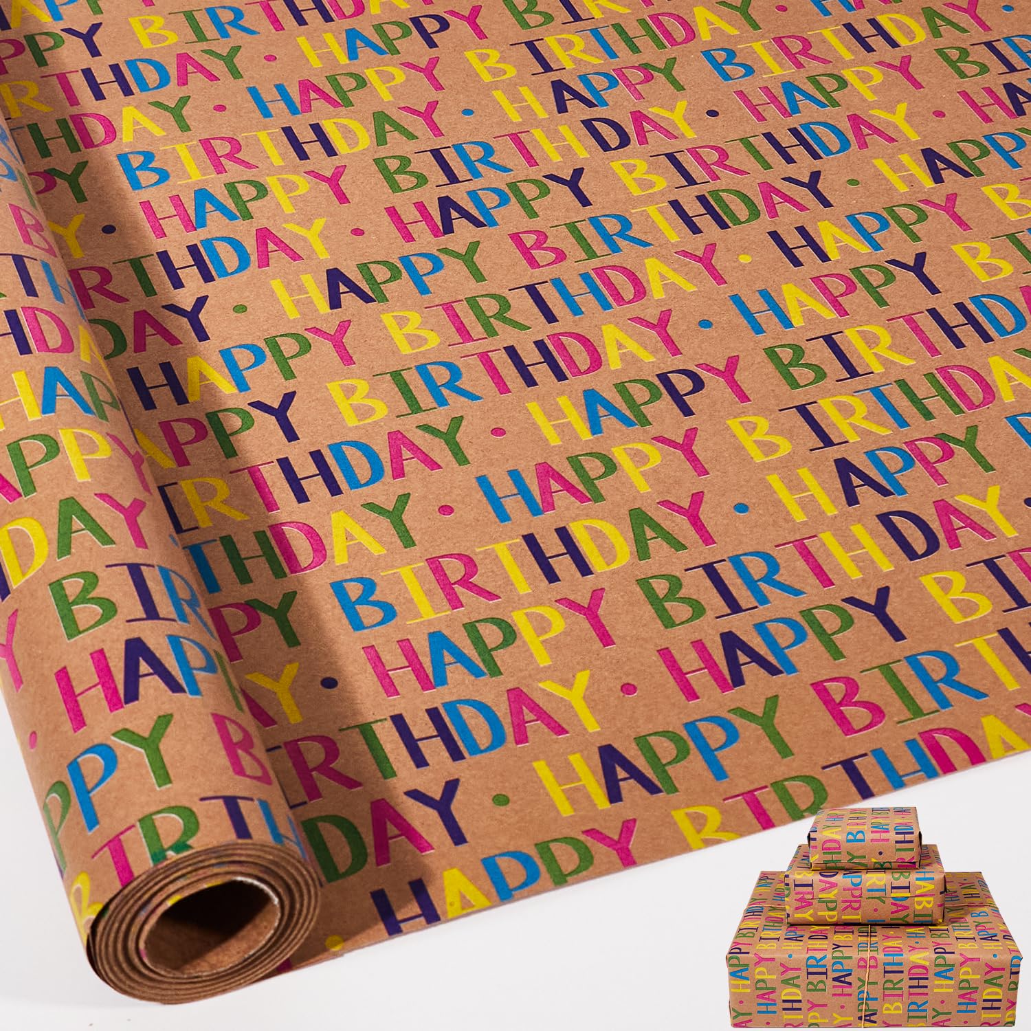 HBell Birthday Wrapping Paper Roll, 43cm*10m Happy Birthday Wrapping Paper,Kraft Birthday Gift Wrapping Paper for Birthday,Christmas,Baby Shower,Party,Festive Decorations
