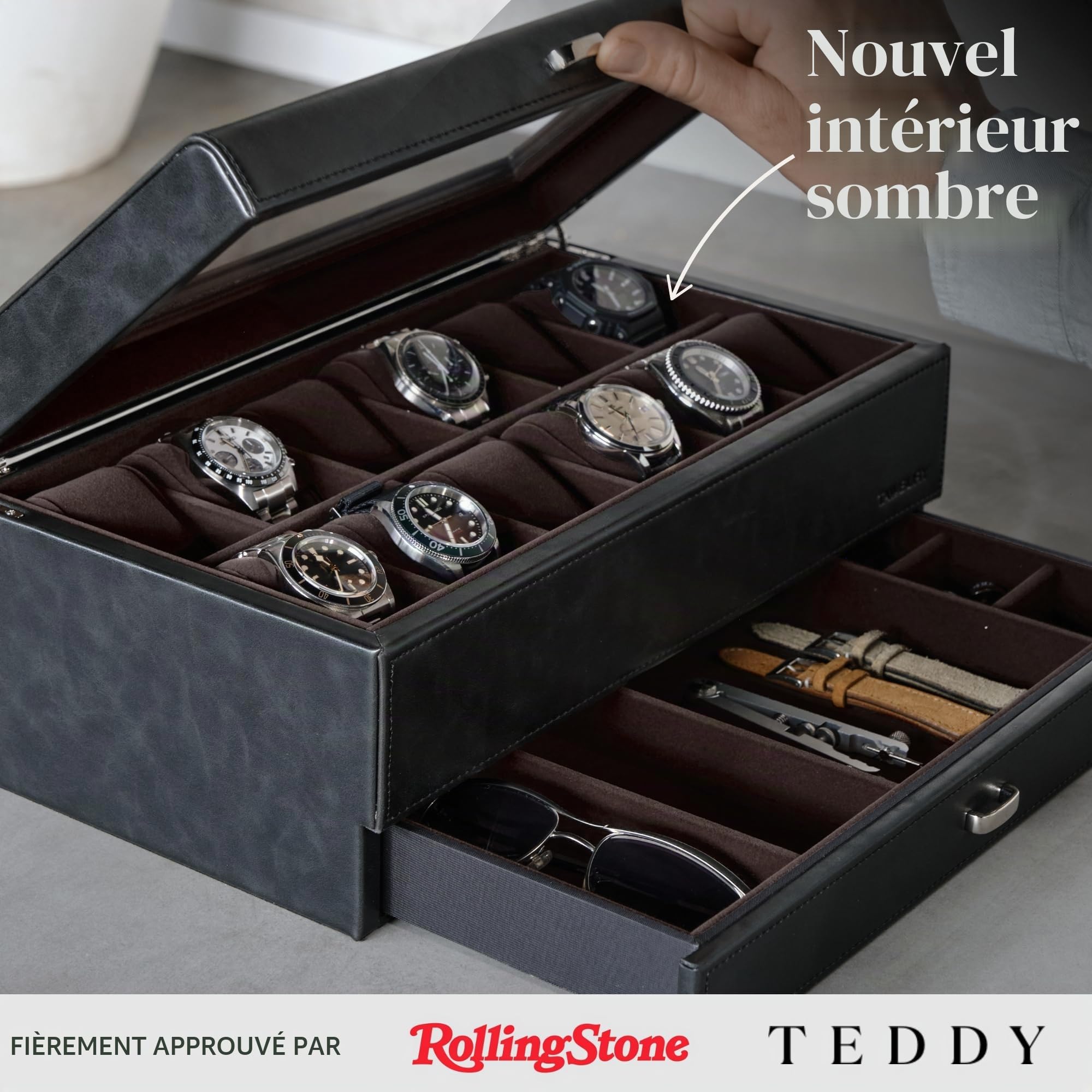 TAWBURY Boîte à montres à 12 emplacements avec tiroir de rangement – Boîte à montres en cuir synthétique noir de qualité supérieure pour homme | Ouverture facile d'une main, intérieur en velours