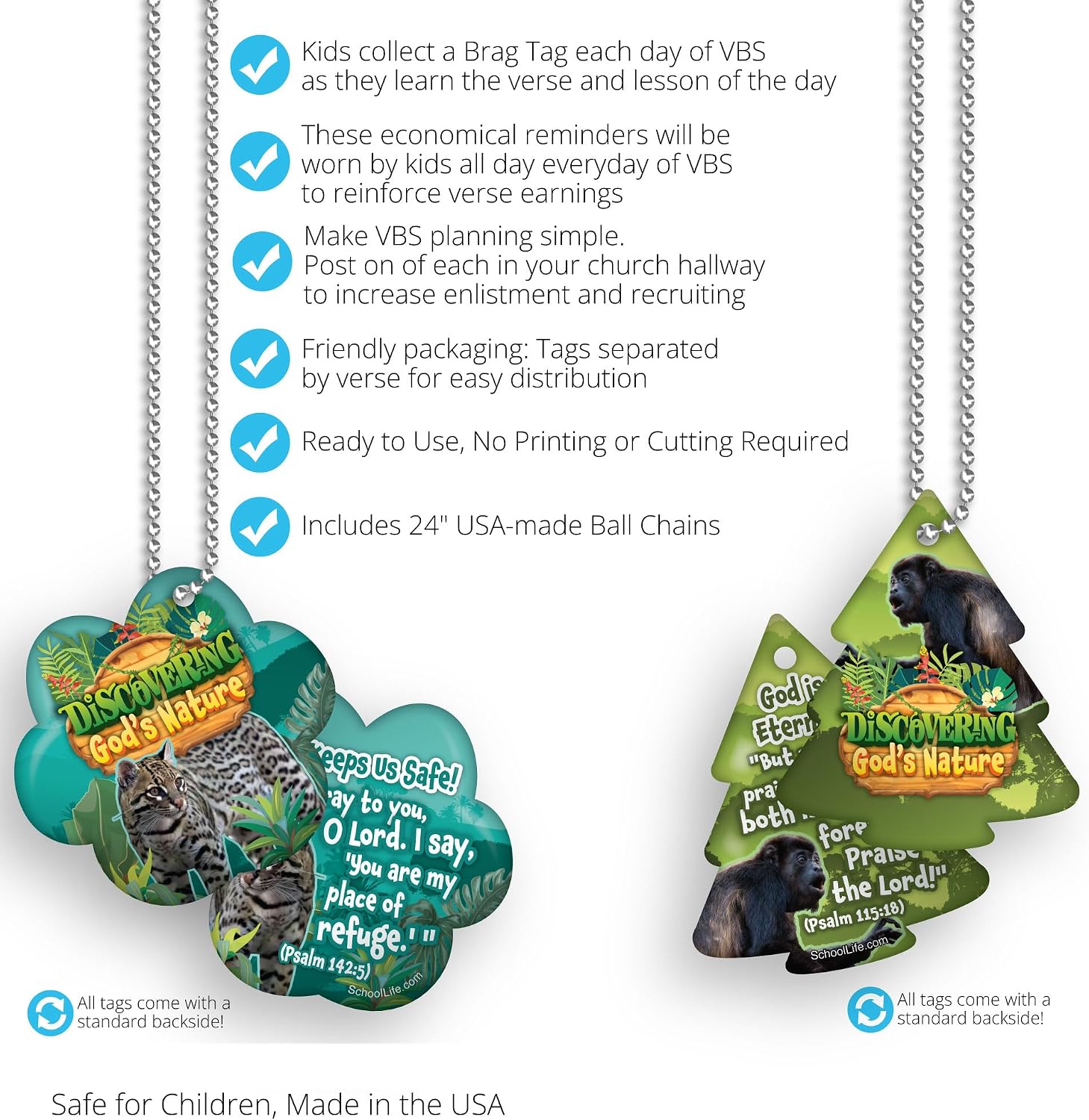 2026 Faith Brag Tags VBS (Vacation Bible School) “Discover The Nature of God” Value Pack:100 Brag Tags (20 for Each Design) + 25 USA-Made 24" Hypoallergenic Aluminum Safety Chains