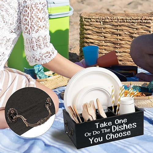 Miniatura 5 de Small Paper Plate Holder Utensil Caddy Organizer for Countertop, Kitchen Silverware Cups, Forks, Spoons, Plates, Napkins, Wood Dispenser Party