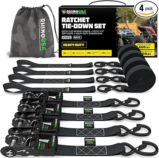 Rhino USA Ratchet Straps Heavy Duty Kit (4-Pack) - 1.6 Inch x 15 Feet (5,208lb Break Strength) - Ultimate Tie Down Straps with Safety S Hooks for Trucks, ATV, UTV, Motorcycle, Cargo & More - Black