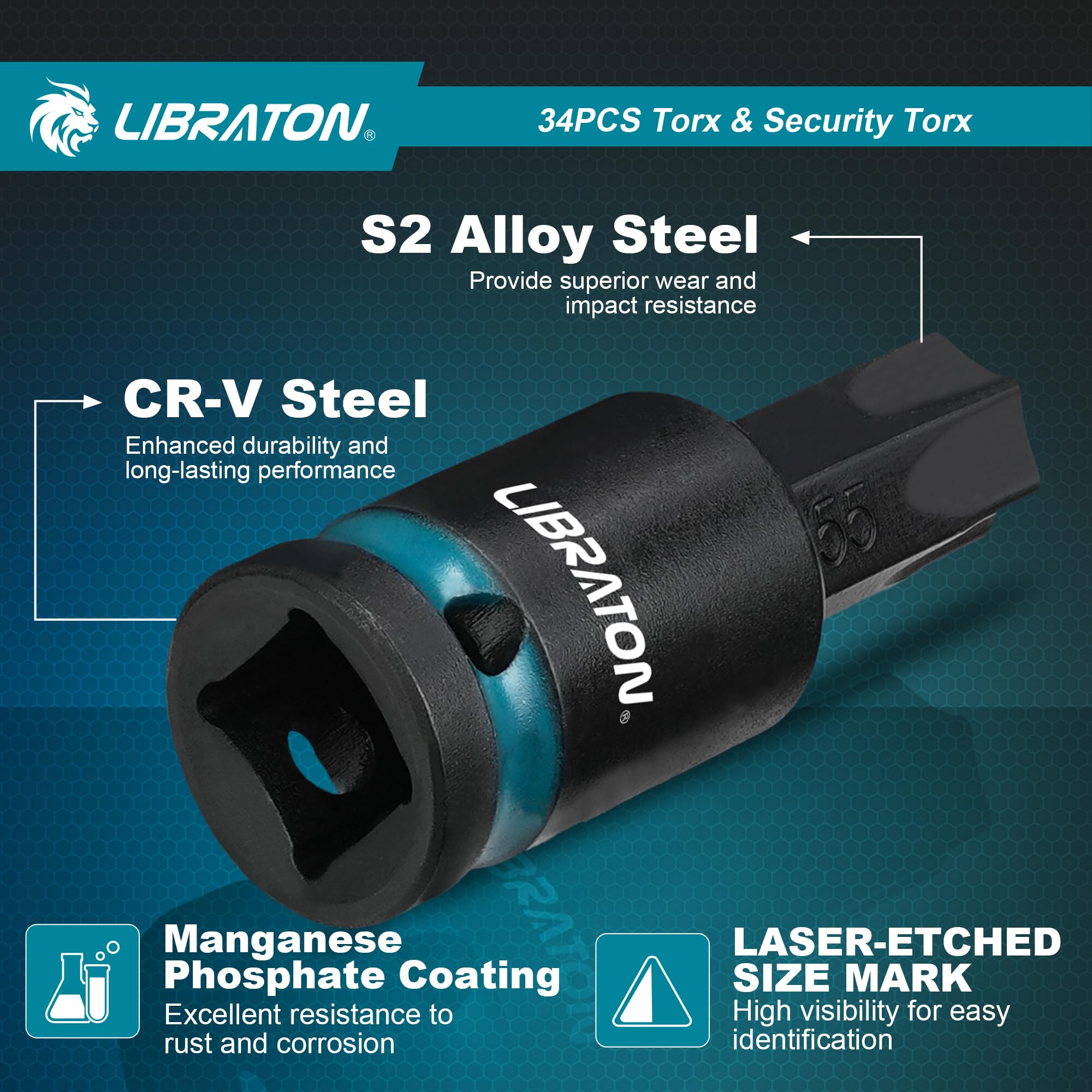 LIBRATON Set d'Embouts Torx à Choc 34 Pièces