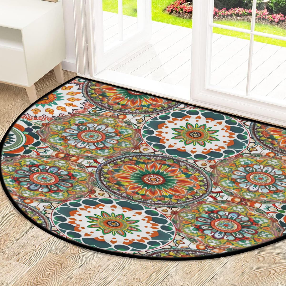 Mexpekil Paillasson géométrique mandala demi-lune pour intérieur et extérieur, antidérapant, lavable, absorbant, anti-saleté, 100 x 160 cm