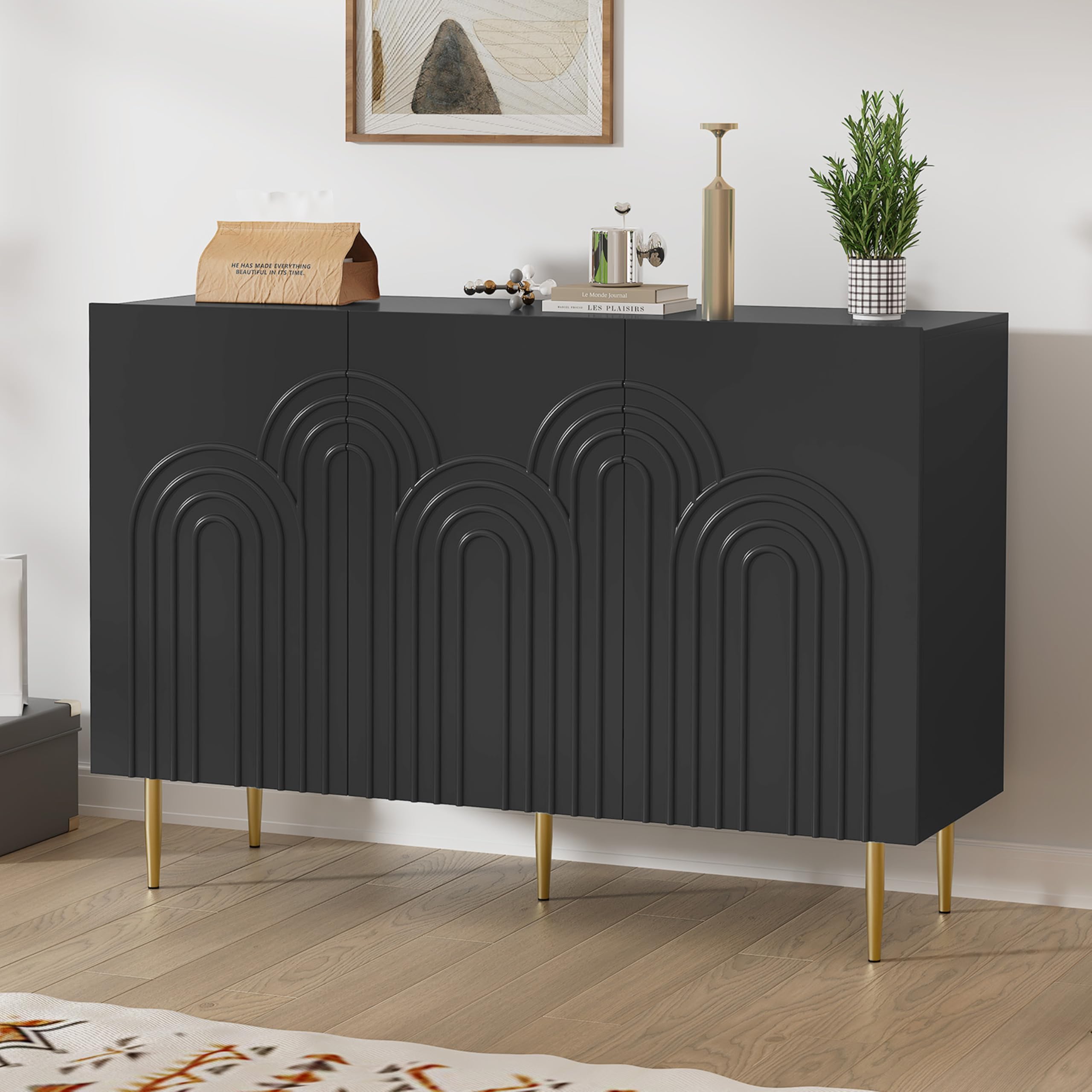 ARTPOWER 47" Accent Cabinet with Cloud Relief, Sideboard Buffet Cabinet with 3 Doors, Modern Decorative Credenza with Storage for Living Room, Kitchen, Dining Room, Hallway, Entryway, Black