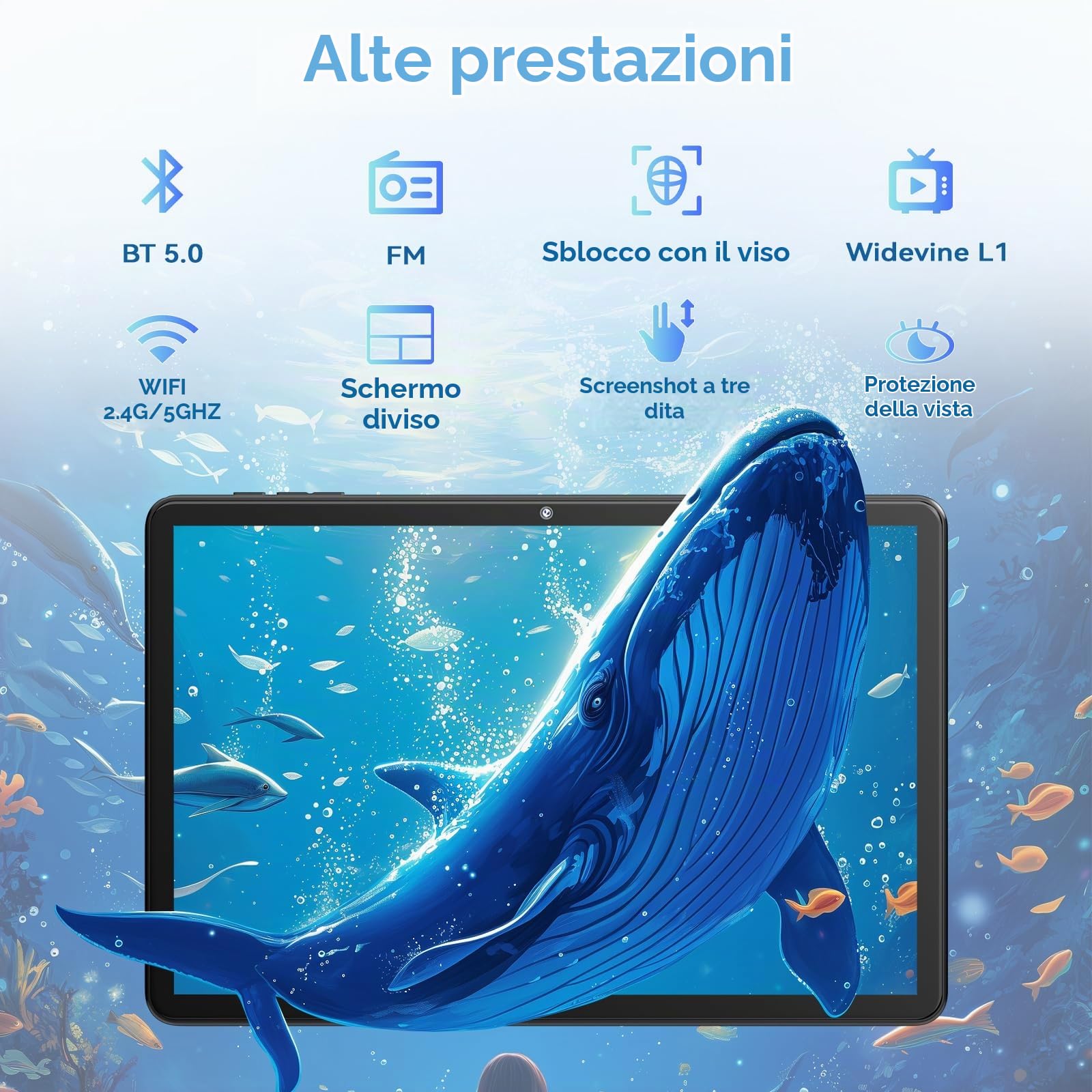 Tablet Android 15 10.1 Pollici, 18GB RAM (6+12) 128GB, T30 Octa-Core, Espansione TF 1TB, Widevine L1, Display IPS HD, 6000mAh, WiFi 2.4/5G, Face ID, GMS, Doppia Fotocamera, Grigio
