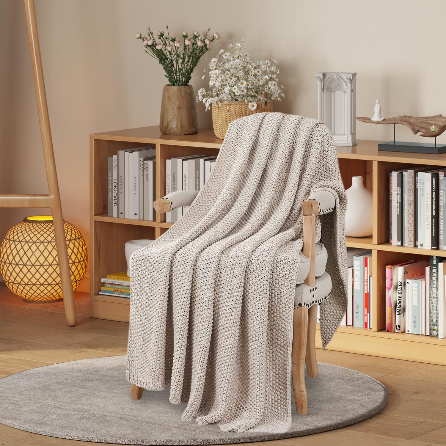 127 * 152cm Cotton Large Throw Blankets for Couch - Waffle Weave Light Beige Cotton Throw Blankets for Bed, Lightweight and Soft Spring Throw Blankets for Office, CLTB-03