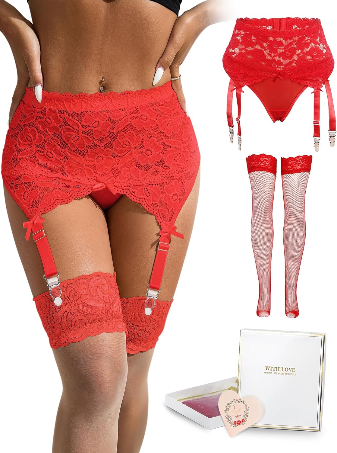 Lace Garter Belt for Women High Waisted Suspender Belt with 4 Vintage Strap Garter Belts for Thigh High Stockings XS-4XL