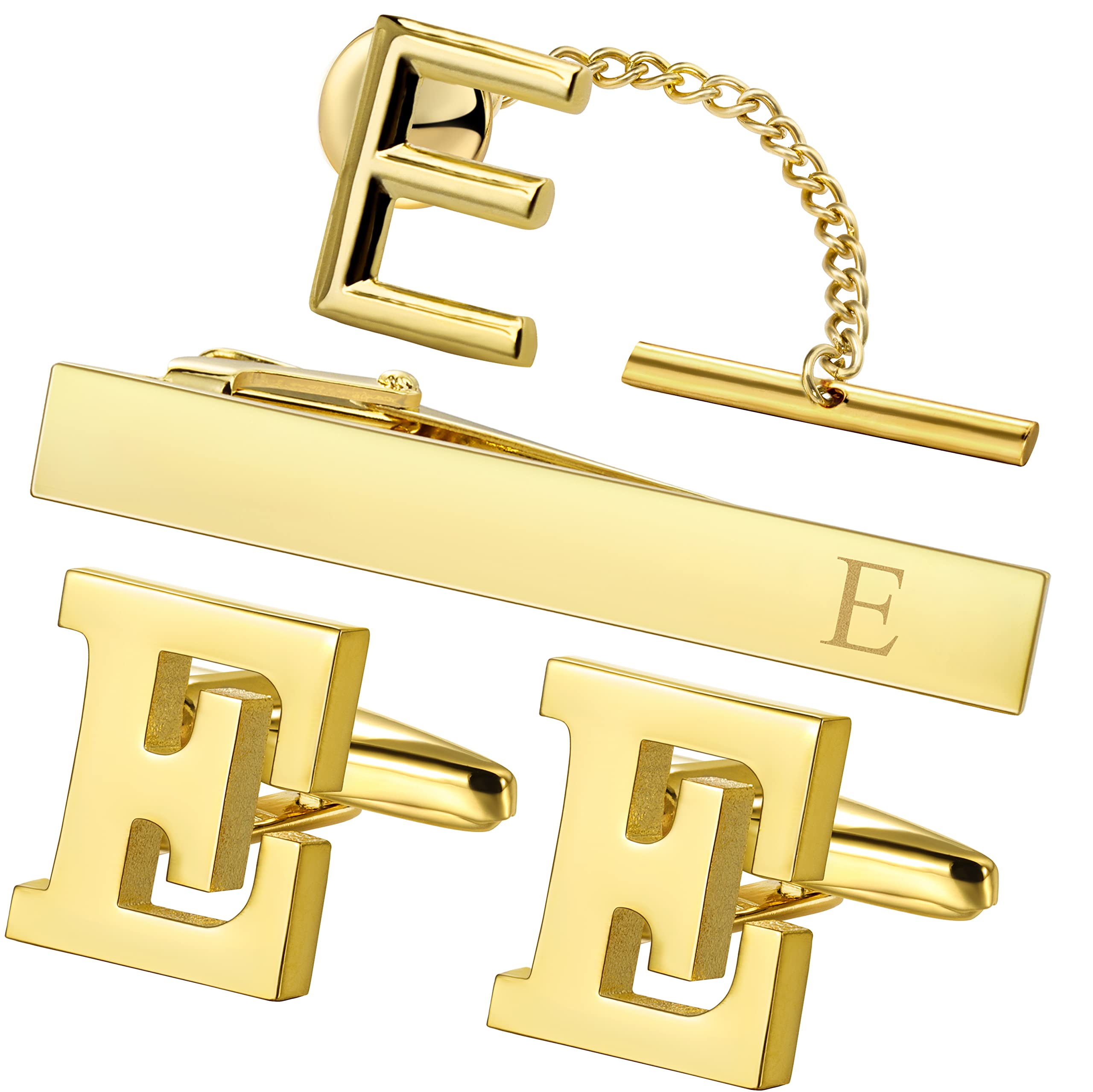 HAWSON Cufflinks for Men, Tie Clips for Boys, Tie Pin for Men, Gold Color Jewelry Set, Boxed Gift Packing, Initial Letter Jewelry for Him