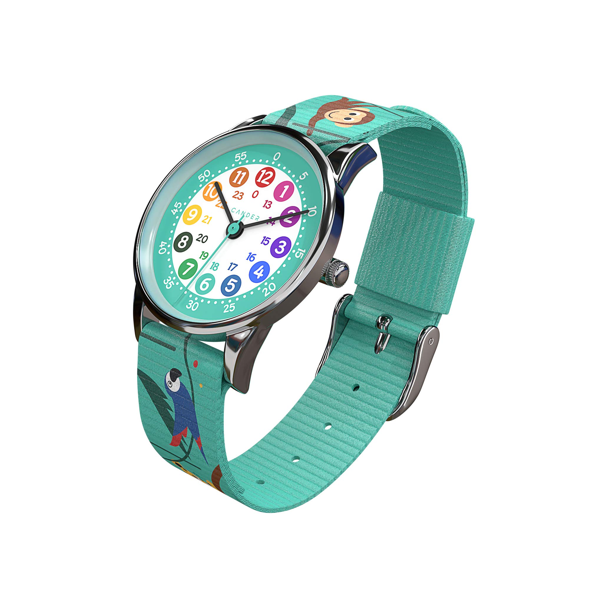 Cander Berlin MNA 1230 T Kinderarmbanduhr Kinderuhr Armbanduhr Jungen Mädchen Uhr Lernzifferblatt Tiere türkis bunt
