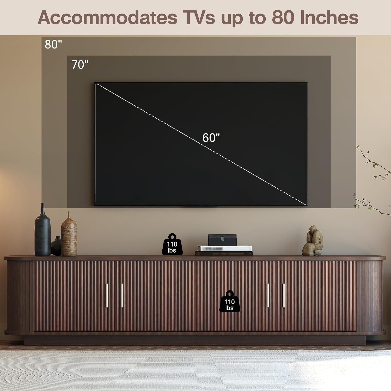 86-Inch TV Stand for 90 Inch TVs, Media Console with App-Controlled LED Lights, 2 Drawers & 3 Doors, Rattan Design, Solid Wood Legs, Modern Entertainment Center for Living Room, Dark Brown