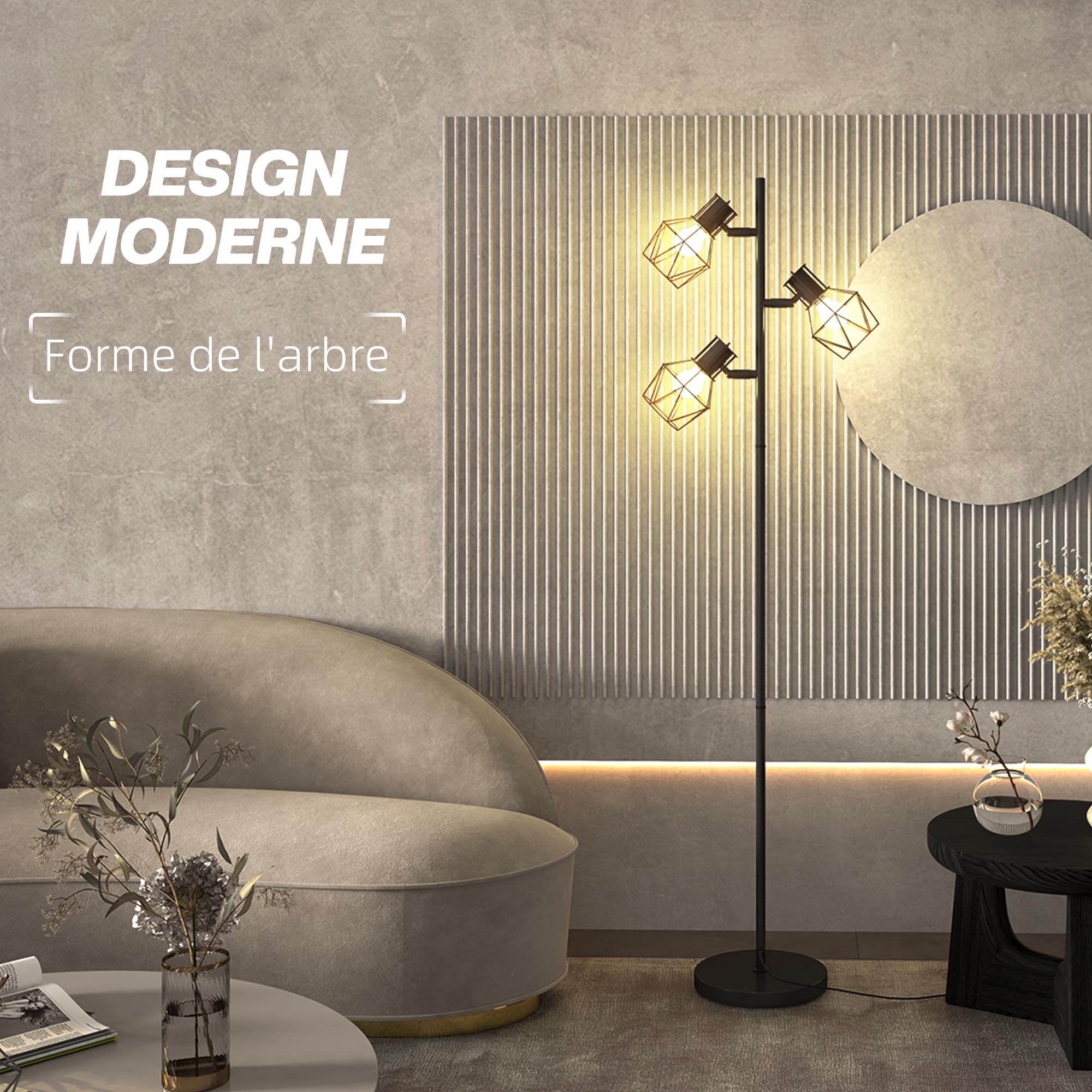 HOMCOM Lampadaire sur Pied Salon 3 Lumières E27 pour Salon Chambre Noir | Lampe sur Pied, Interrupteurs Individuels, Ampoules Non Incluses, Chambre à Coucher