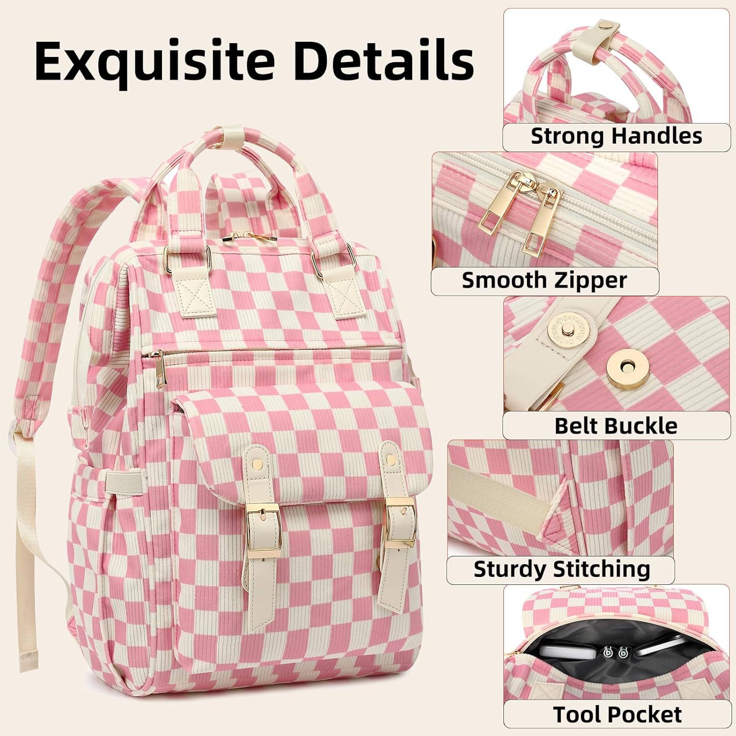 Corduroy Laptop Backpack for Women 15.6 Inch Stylish College School Bookbag, Business Work & Travel Computer Backpacks (Checkered Pink) - Image 4