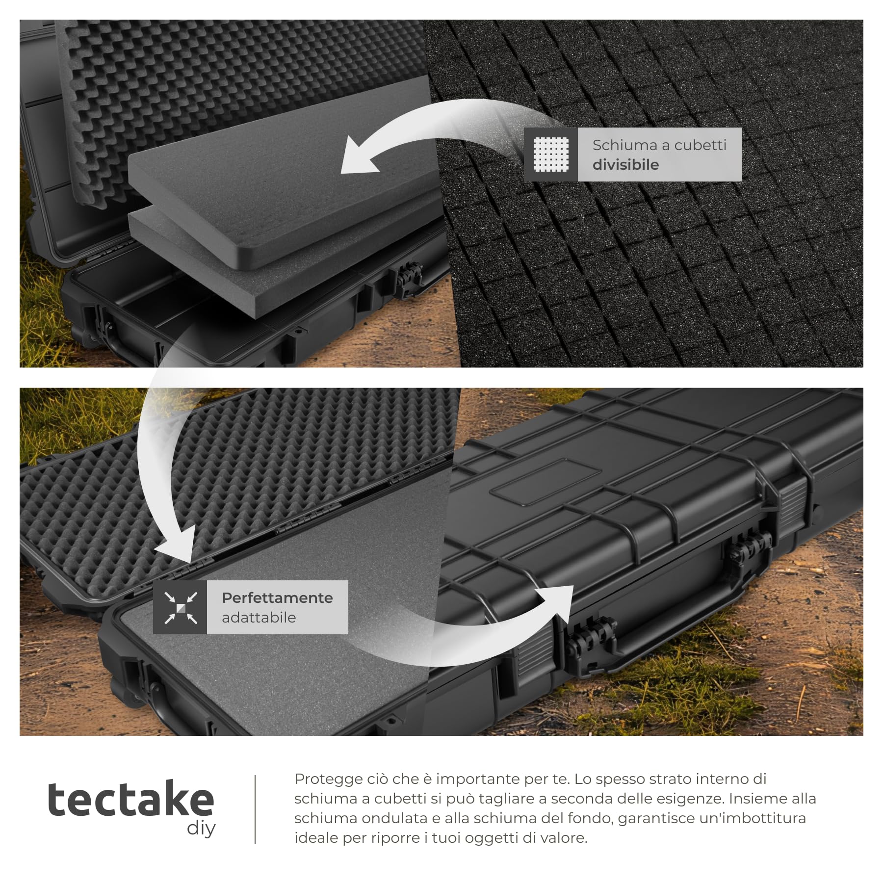 tectake® Custodia Porta Fucile - 113,5 x 41 x 16 cm - Custodia Rigida per Armi e Accessori, 4 Chiusure a Scatto, 3 Inserti in Espanso Estraibili, Maniglie, Rotelle per Trasporto