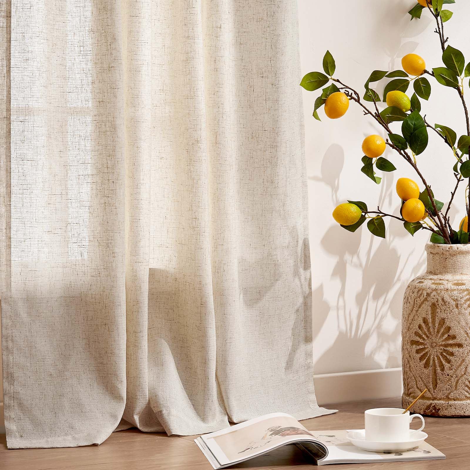 TOPICK Tendaggi con nastro arricciato in lino per soggiorno e camera da letto, tende semi-trasparenti per sistema a binario, stile country, tende con passanti nascosti, set da 2, 140x245 cm