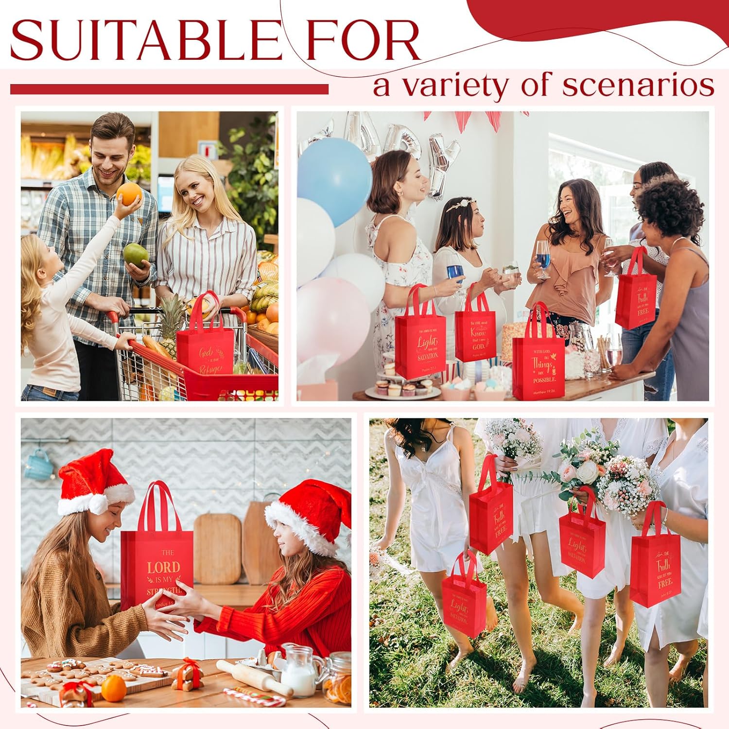 Windyun 100 Pcs Christmas Christian Gift Bag Bulk 8" x 4" x 10" Reusable Religious Bible Verse Tote Church Bags with Handle Pastor Welcome Visitors Pastor Sunday Blessing Bag for Gifts (Red) - Image 7