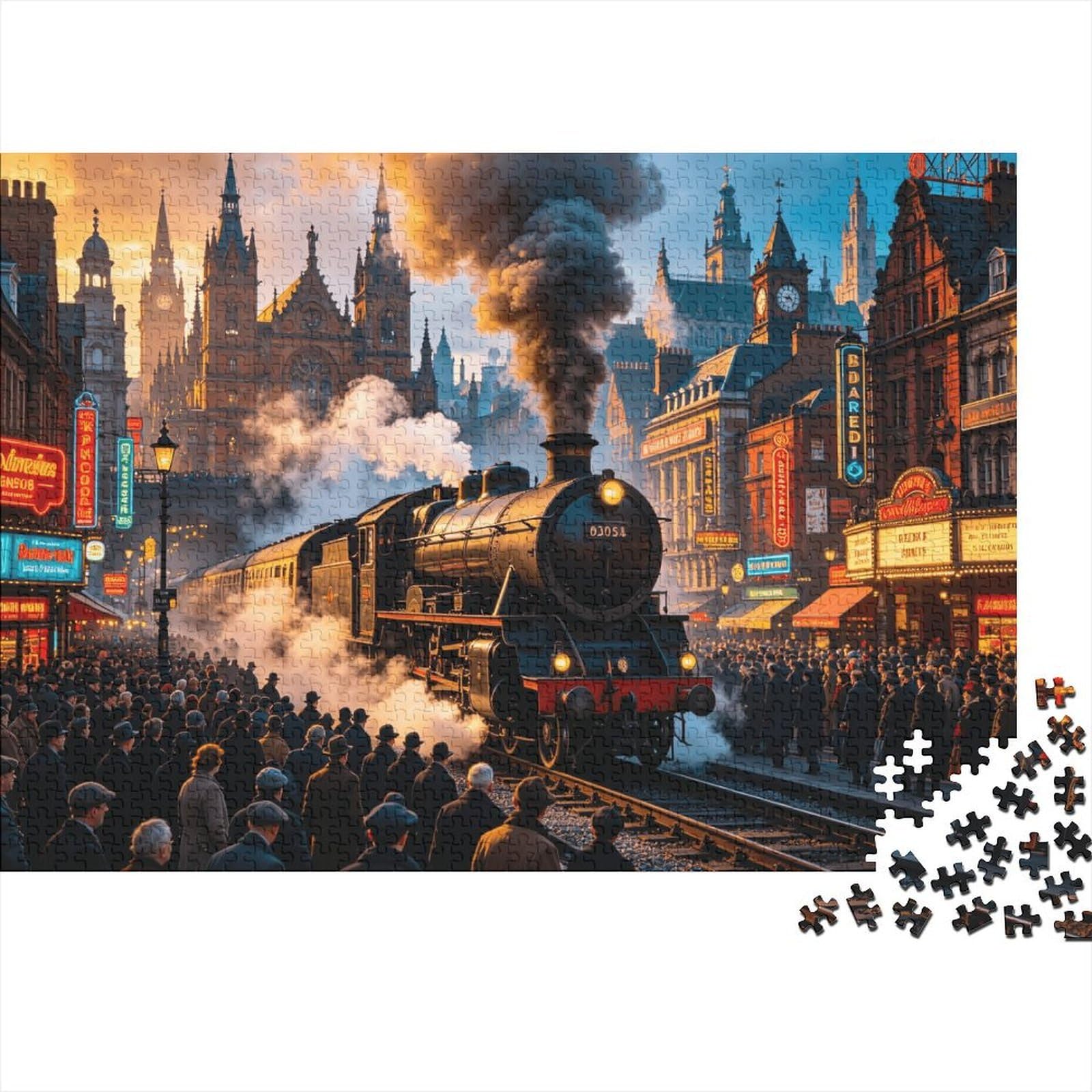 Vintage Train Jigsaw Puzzles 1000 Pieces Recyclable Material Cityscape Senior Puzzles Educational Game Decompression Parent Child Game Props 52x38cm/1000pcs