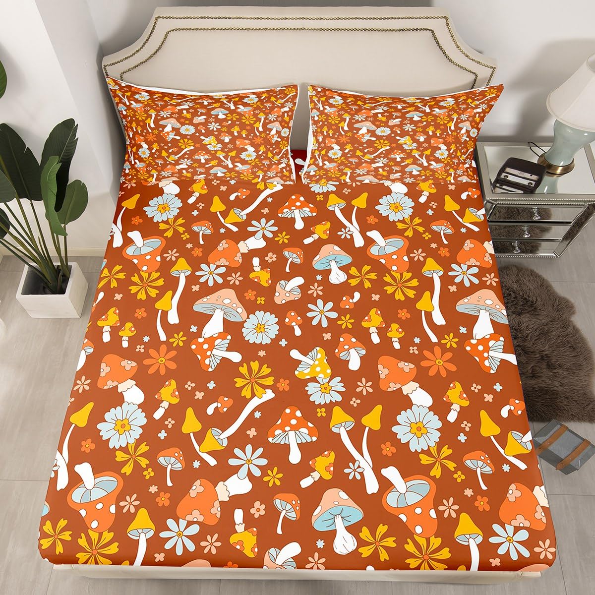 Cartoon Mushrooms Fitted Sheet,Full Size Farmhouse Style Rustic Plants Collections,Trippy Mushroom Bedding Deep Pocket for Children Teens Young with 2 Pillowcases(No Flat Sheet)