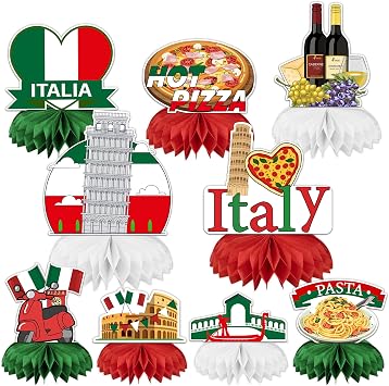 Italian Party Decorations Honeycomb Centerpieces - 9 Pcs Italy Theme Table Topper, 3D Red Green White Decor for Spaghetti Dinner Night, Pizza Chef Themed Birthday Decoration