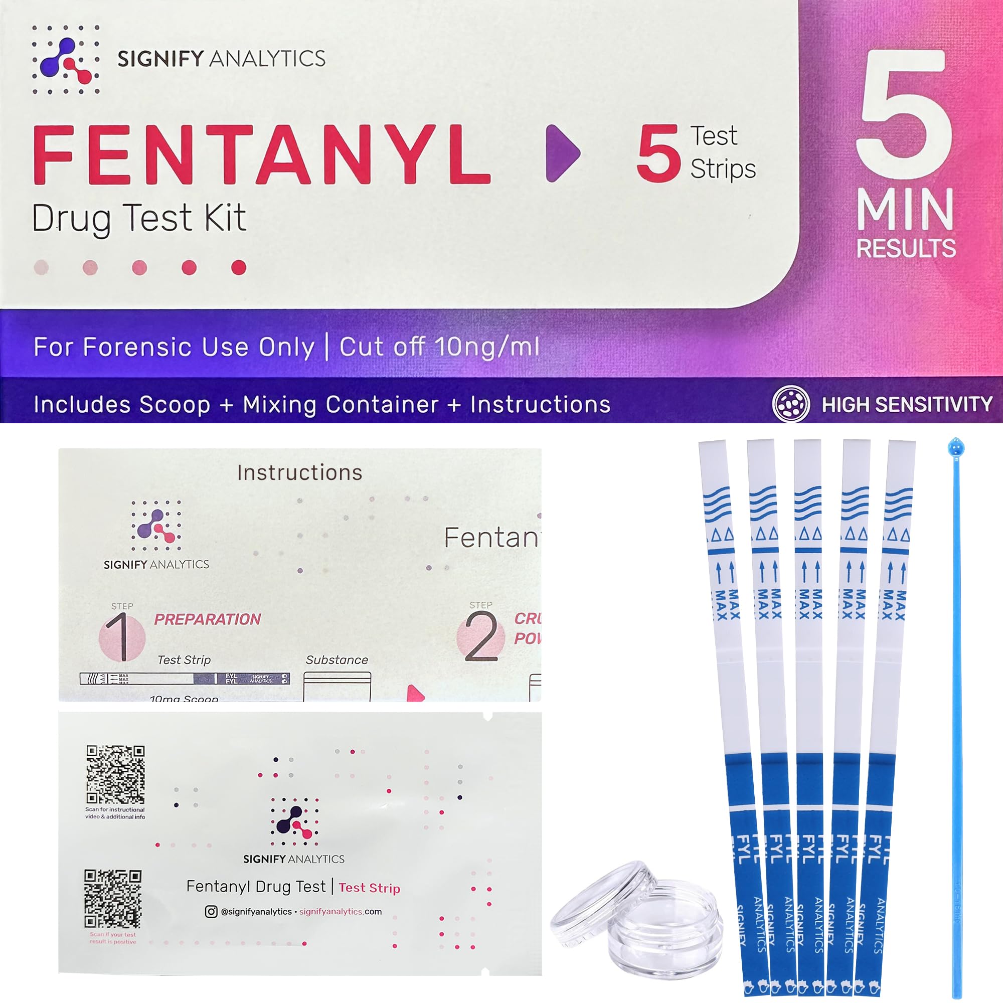 Signify Analytics Fentanyl Test Kit for Pills, Powders, and Liquids | Includes 5 Fentanyl Test Strips | Signify Analytics Ultra-Sensitive Fentanyl Test Strips for Drug Testing