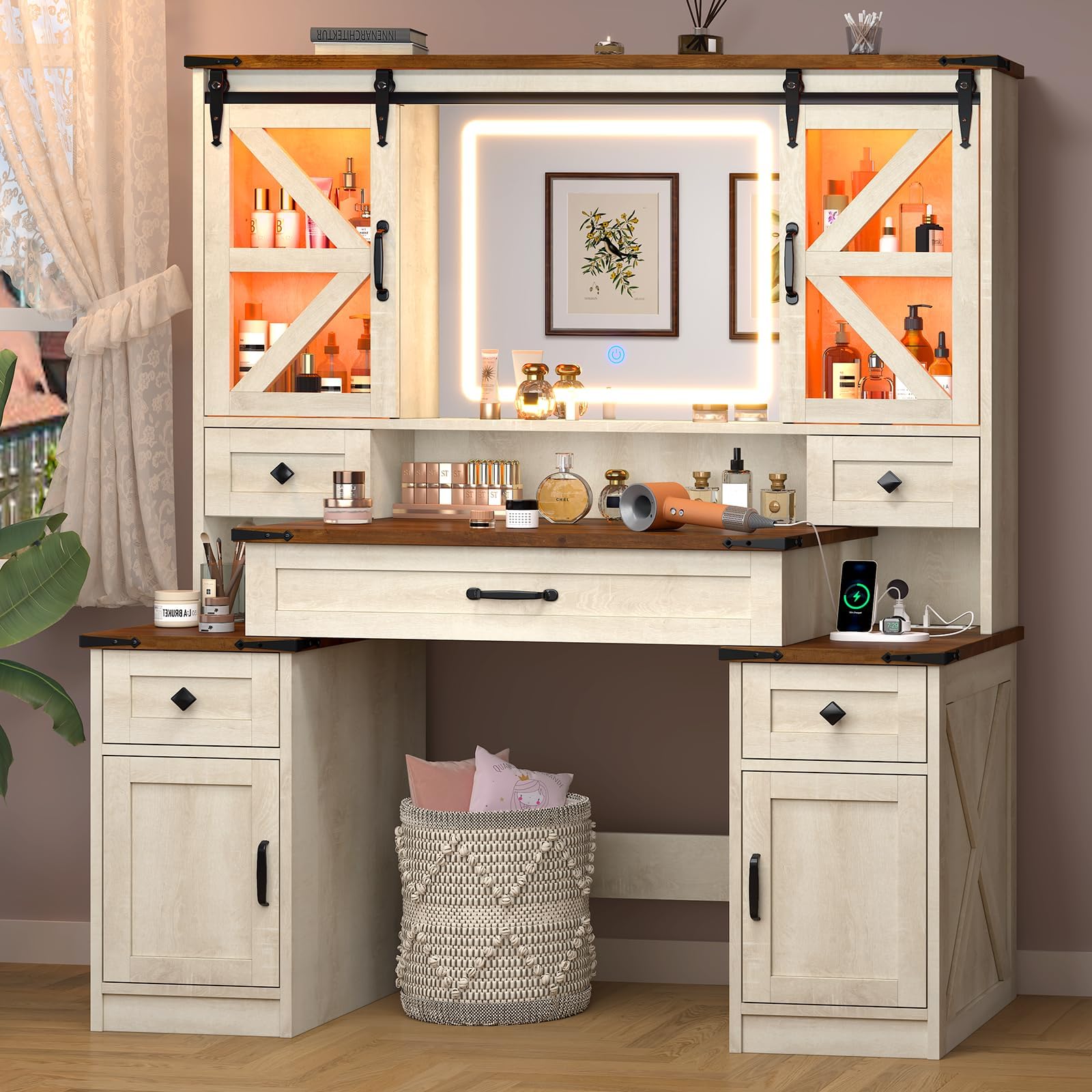 Farmhouse Vanity Desk with Mirror and Lights, 45.9" Makeup Vanity Table with Charging Station & Storage Drawers & Sliding RGB Cabinets, Big Vanity Desk for Girls Bedroom, Antique White