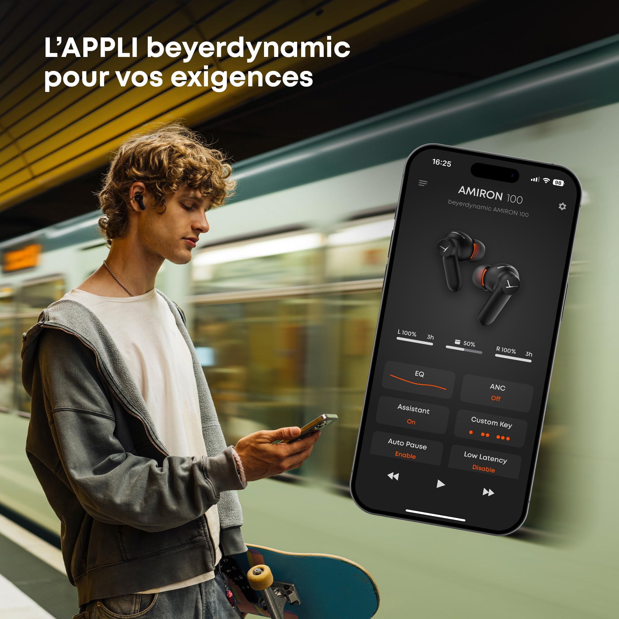 beyerdynamic AMIRON 100 Écouteurs True Wireless avec réduction du Bruit, Autonomie de 27 Heures, Mode Transparence, Bluetooth® 5.3, Design Compact Noir