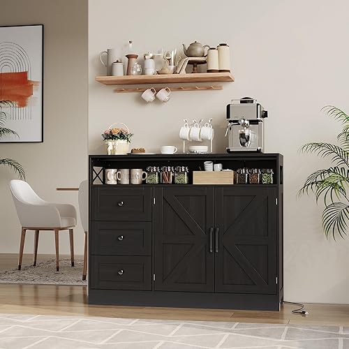 Miniatura 3 de GAOMON Aparador de bufé de 51 pulgadas, barra de café rústica de madera, armario de almacenamiento grande con cajones y tomas de corriente, estantes