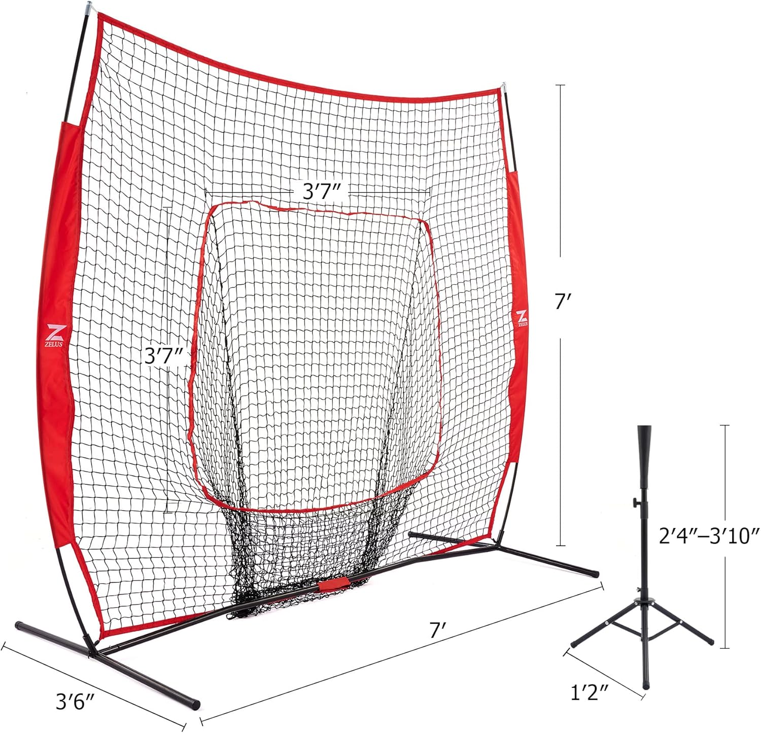 ZELUS Baseball Net Kit with Baseball Tee and Sock Net, 7x7ft Softball Baseball Training Equipment for Hitting & Batting Practice, Portable Indoor Outdoor Pitching Net with Carry Bag 12 Baseballs, Red : Sports & Outdoors