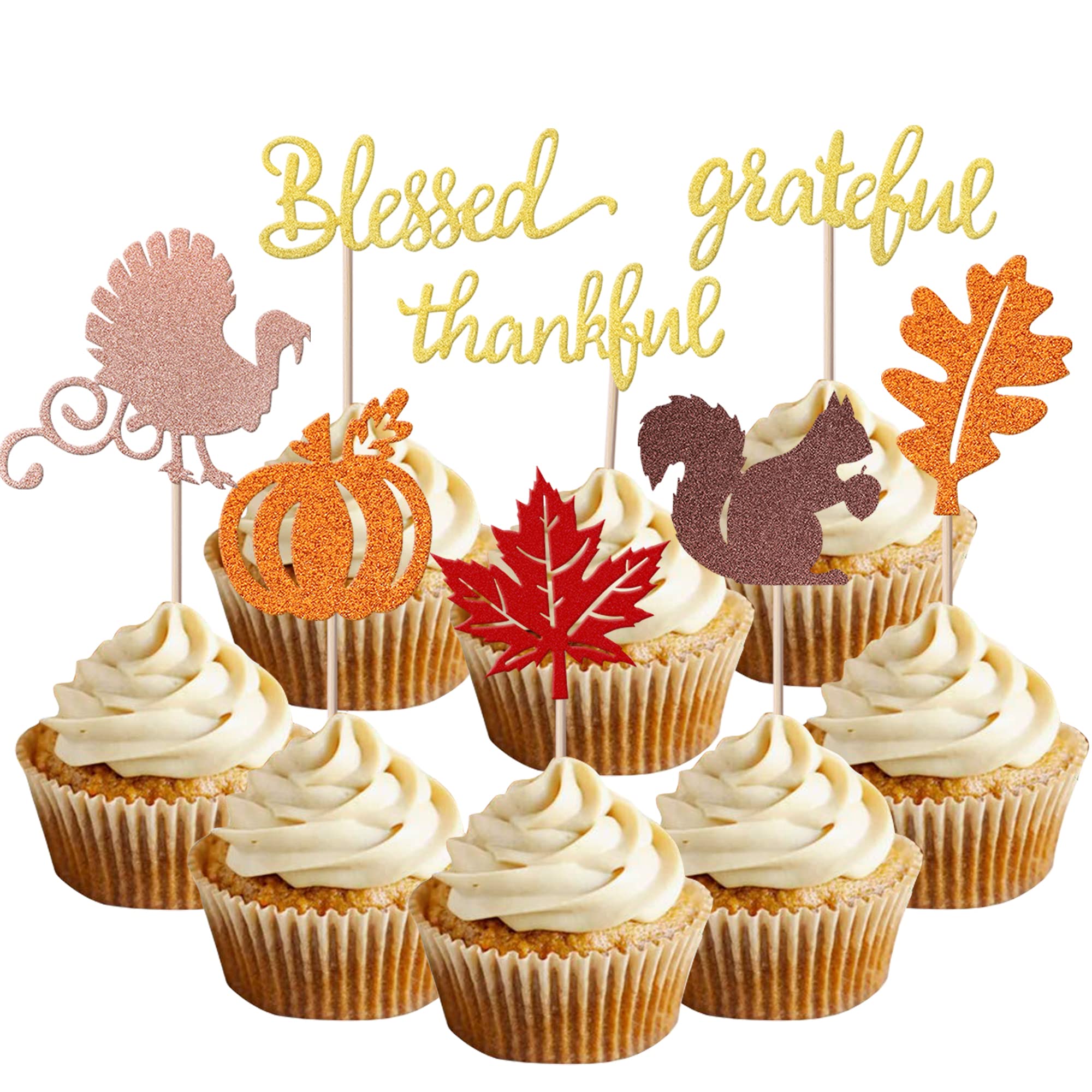 24 Goldene Acryl-Cupcake-Topper Mit Thanksgiving-Motiven – Truthahn, Ahornblatt, Kürbis