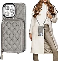 Vista 9 de Bocasal Funda tipo cartera cruzada para iPhone 14 Pro Max, con bloqueo RFID, de piel sintética, con cremallera, funda tipo cartera con función atril