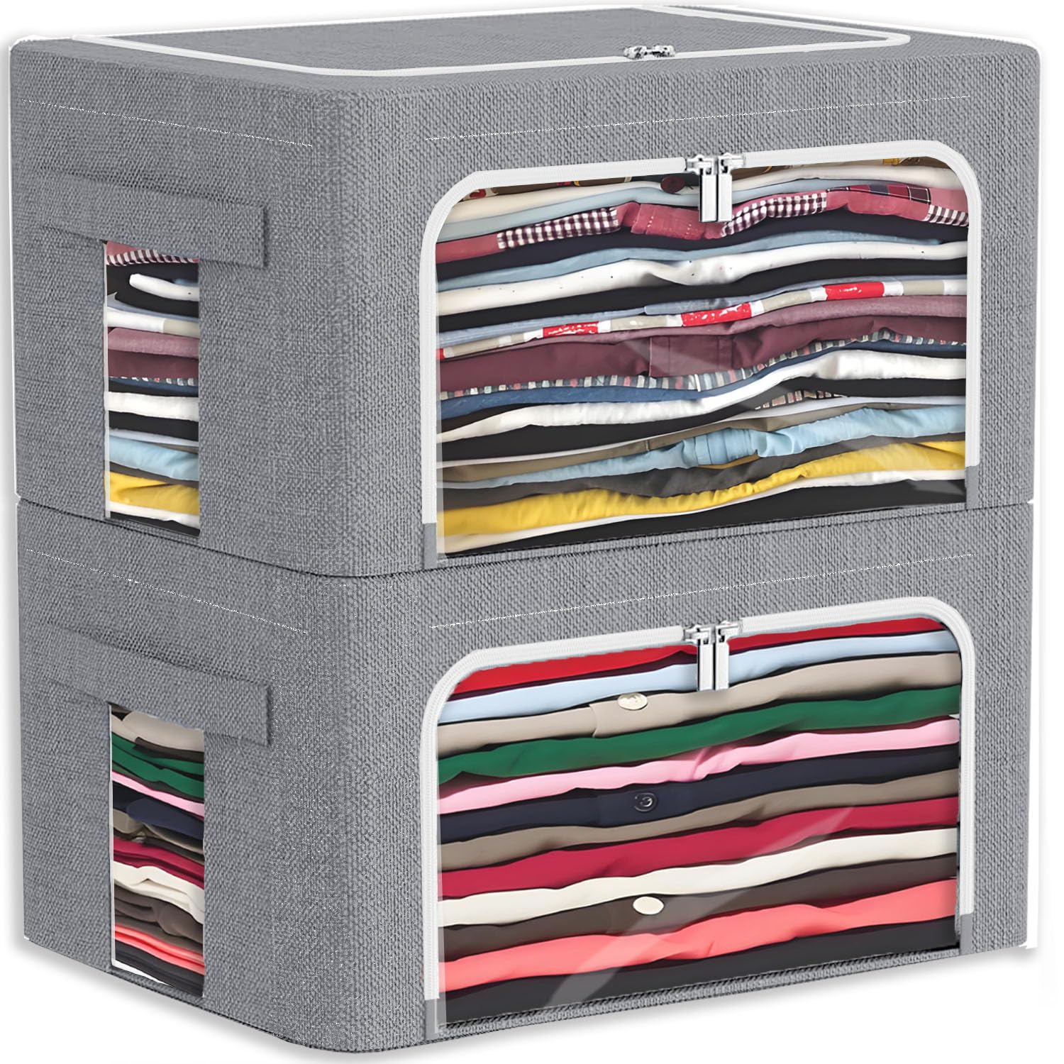 Skupro Storage Boxes with Lids, 2 Pack Grey Storage Organiser with Metal Frame, Linen Fabric Collapsible Storage Box with Clear Window Zippers and Handles, Organizers Containers for Wardrobe (2 Grey)