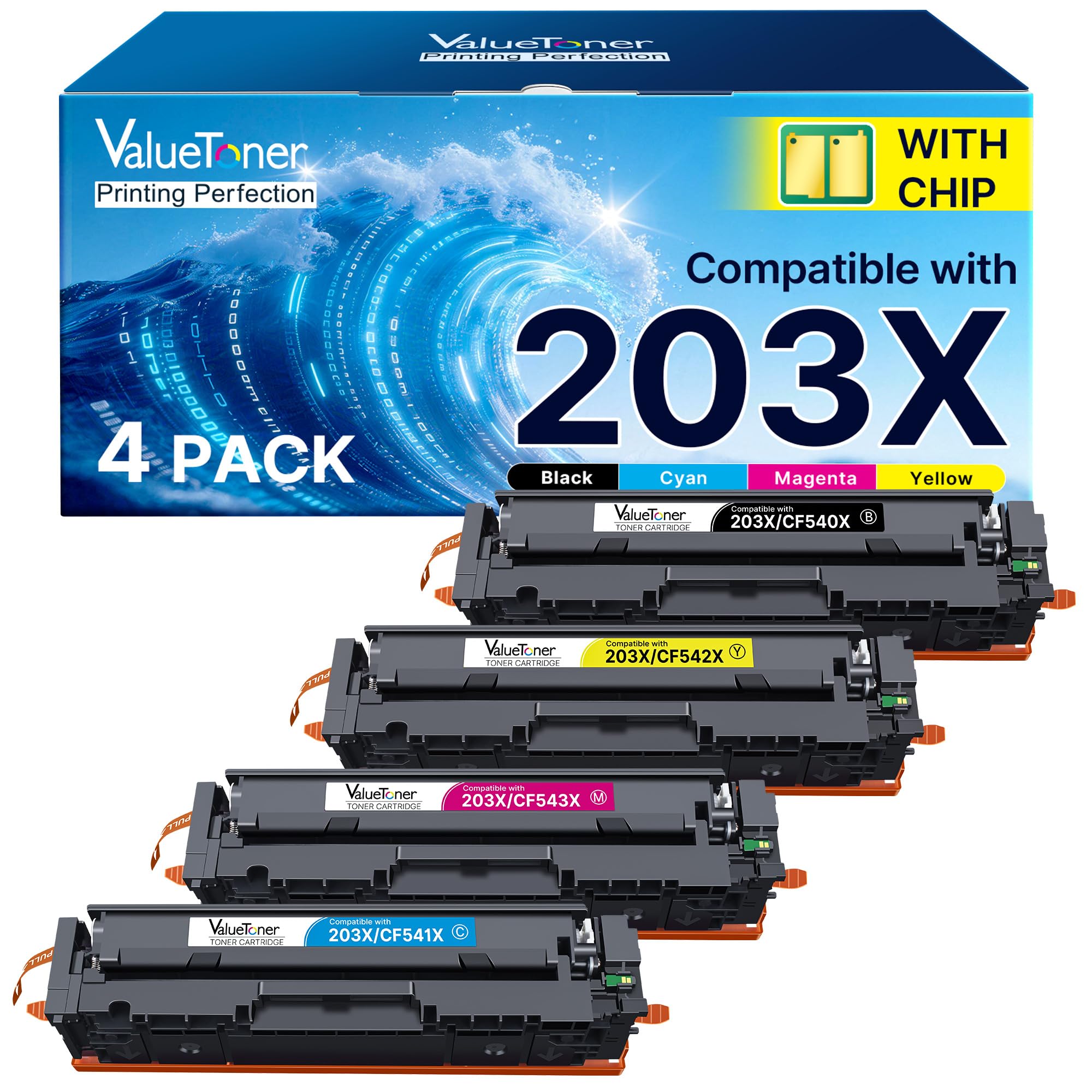 Valuetoner 203X 203A Toner Kompatibel für HP 203X 203A 203 CF540X CF540A für HP Color LaserJet MFP M281fdw Toner M254dw M254nw M281fdn M281cdw M280nw M254dn (Schwarz Cyan Gelb Magenta, 4er-Pack)