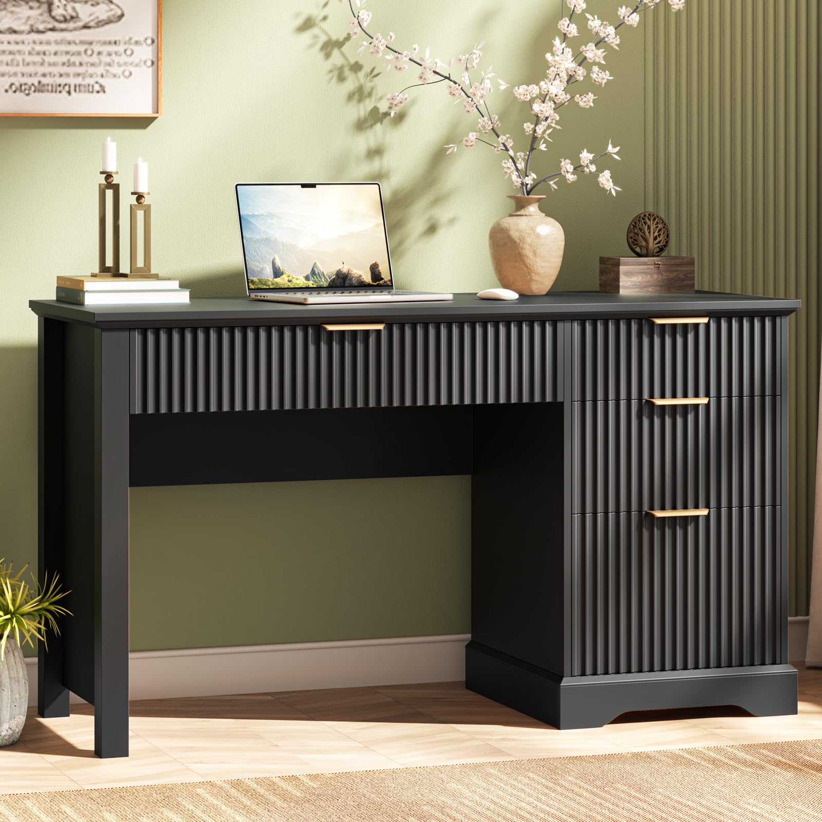 BonVache Black Fluted Computer Desk with 4 Drawers, Wooden Home Office Desk with Storage, Executive Desk for Bedroom Study