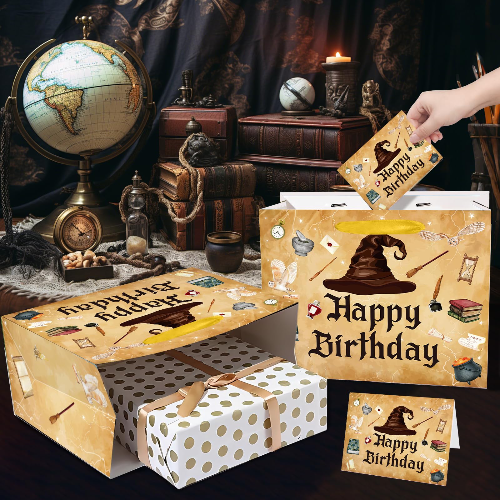 aqwithaj Large Wizard Birthday Gift Bag with Tissue Paper and Card Magical Hat Birthday Party Favor Bags Wizard School Gift Wrapping Paper Bag for Girls Boys Bday Halloween Party Decorations Supplies