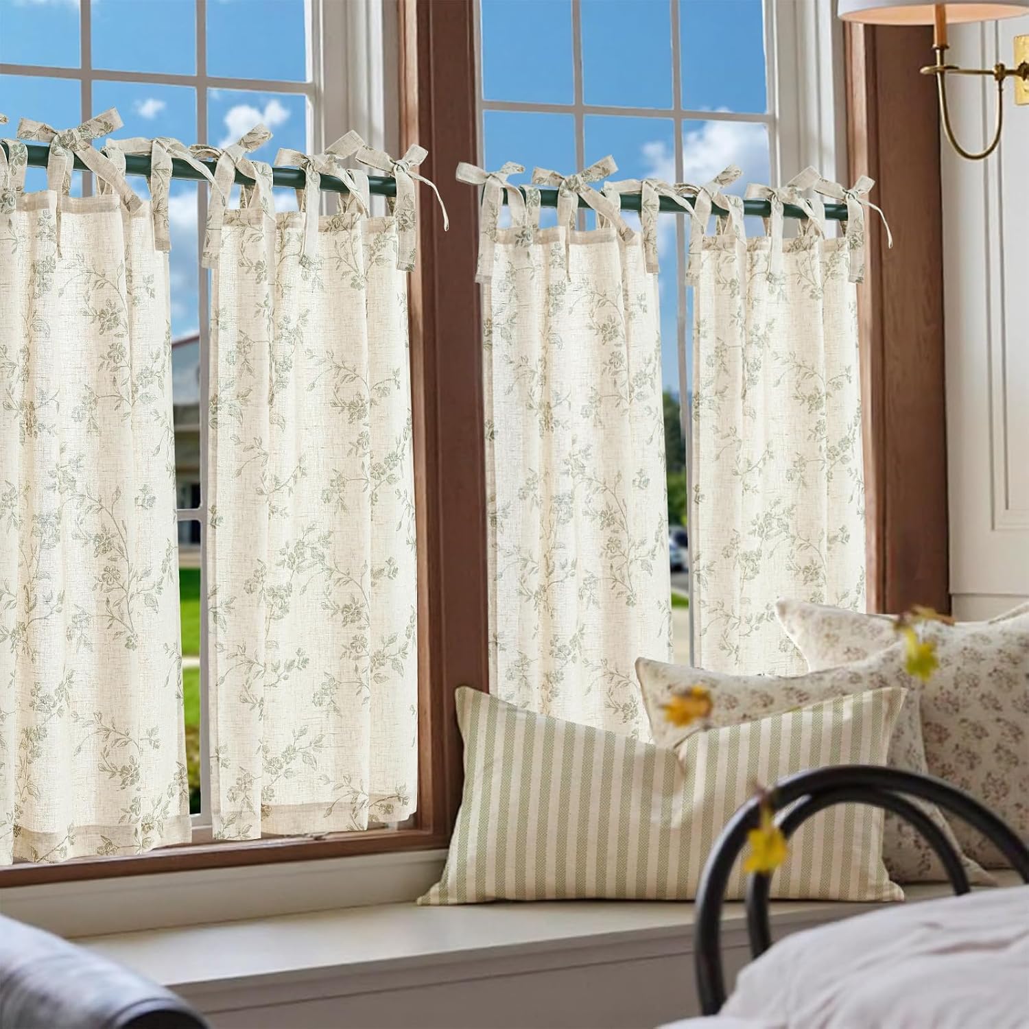 jinchan Floral Kitchen Curtains 36 Inch Linen Tier Curtains Farmhouse Cafe Half Window Drapes Over Sink Light Filtering Black on Beige for Living Room Laundry Tie Top 2 Panels