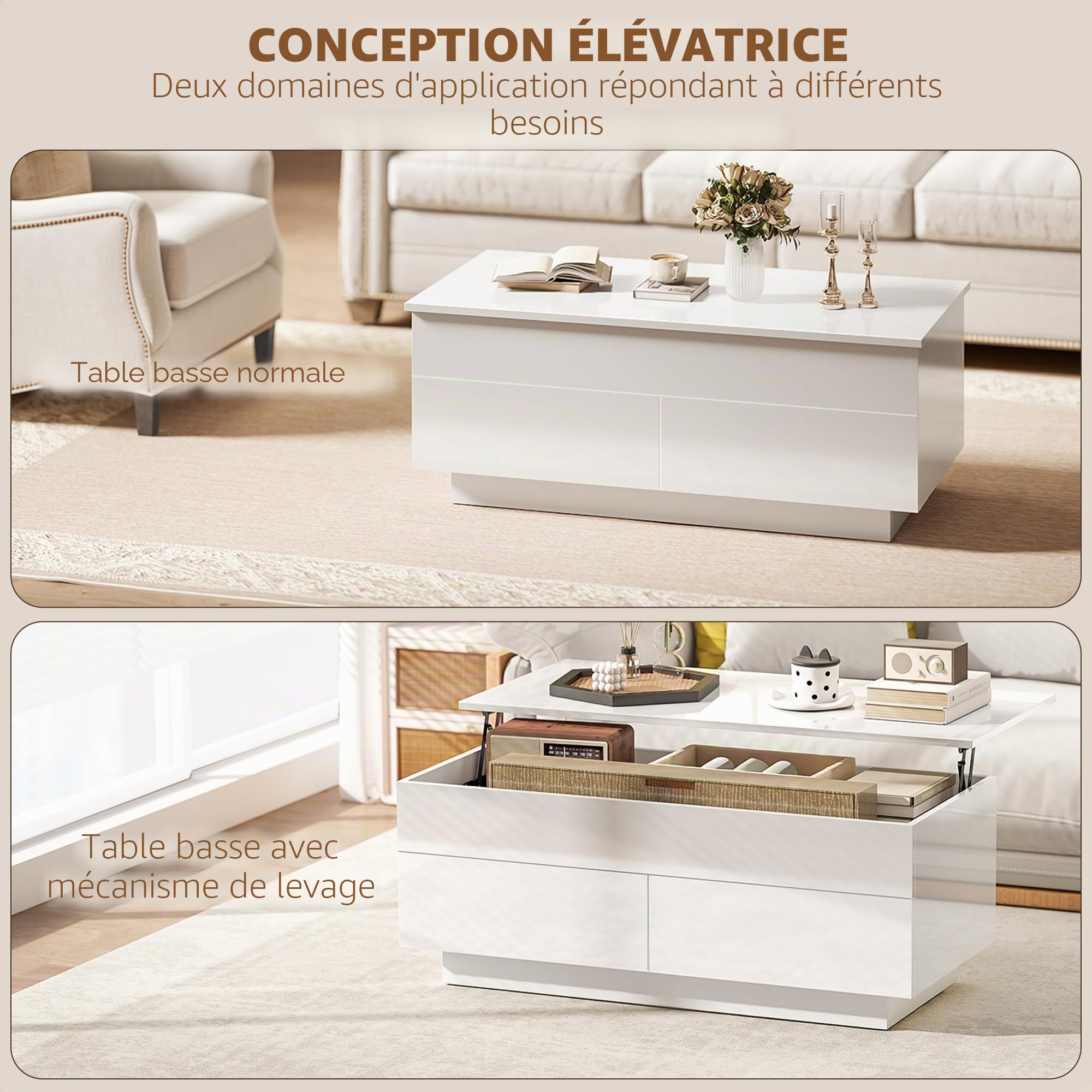 Table Basse HOMCOM réglable en Hauteur, Table de Salon avec Plateau relevable, 2 tiroirs et Espace de Rangement caché, Table Basse pour Salon, Blanc Brillant