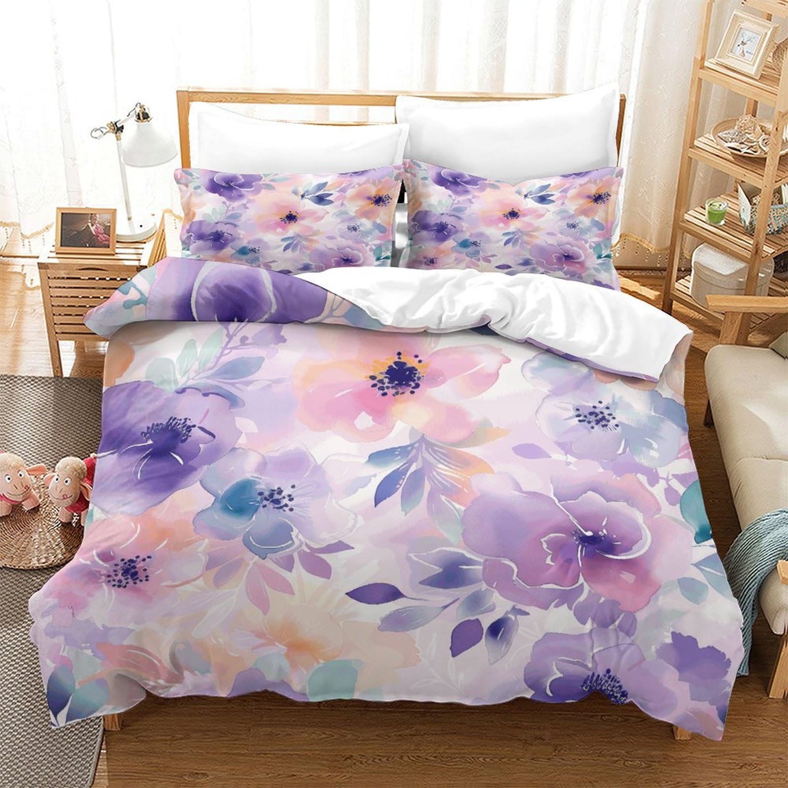 P1S9U7W5Y Watercolor Floral 3D Printed Purple Flowers Duvet Cover Set 3pcs Microfiber Elegant Flower Bedding Set Super king（260x220cm）