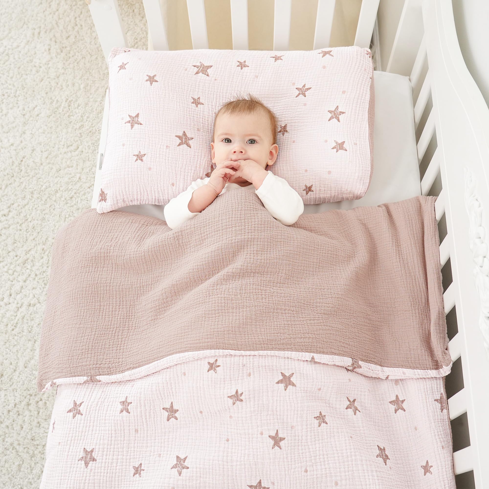Susurration Ropa de Cama Infantil de Muselina, 100 x 135 cm, Funda de Almohada de 40 x 60cm, 100% de Algodón, Ligera y Cómoda, Juego de Ropa de Cama para Bebés y Niños(Estrellas Rosas)