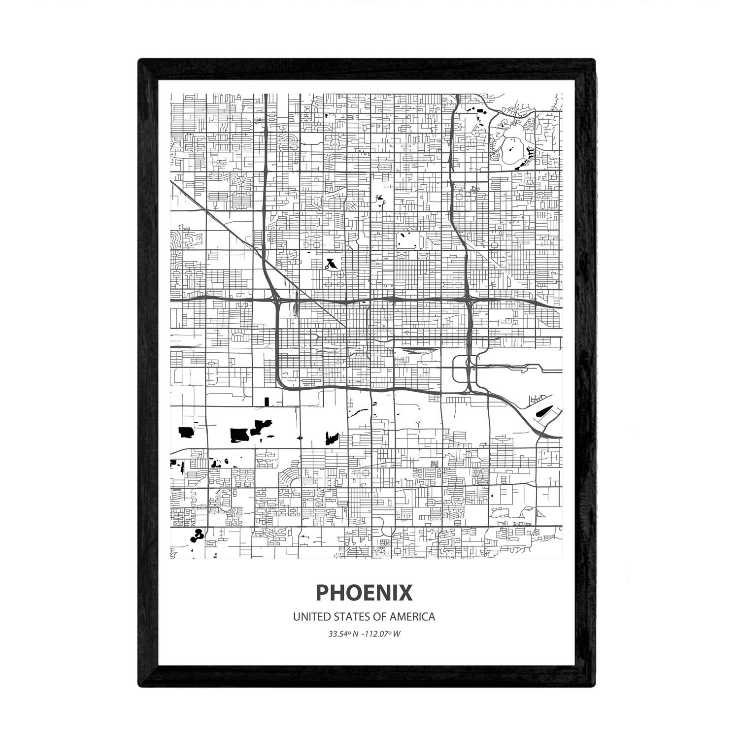 Nacnic Poster with map of Phoenix - USA. Sheets US cities with seas and rivers in black color. A3 size